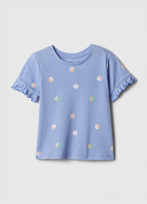 Blue T-shirt with polka dots and ruffled sleeves