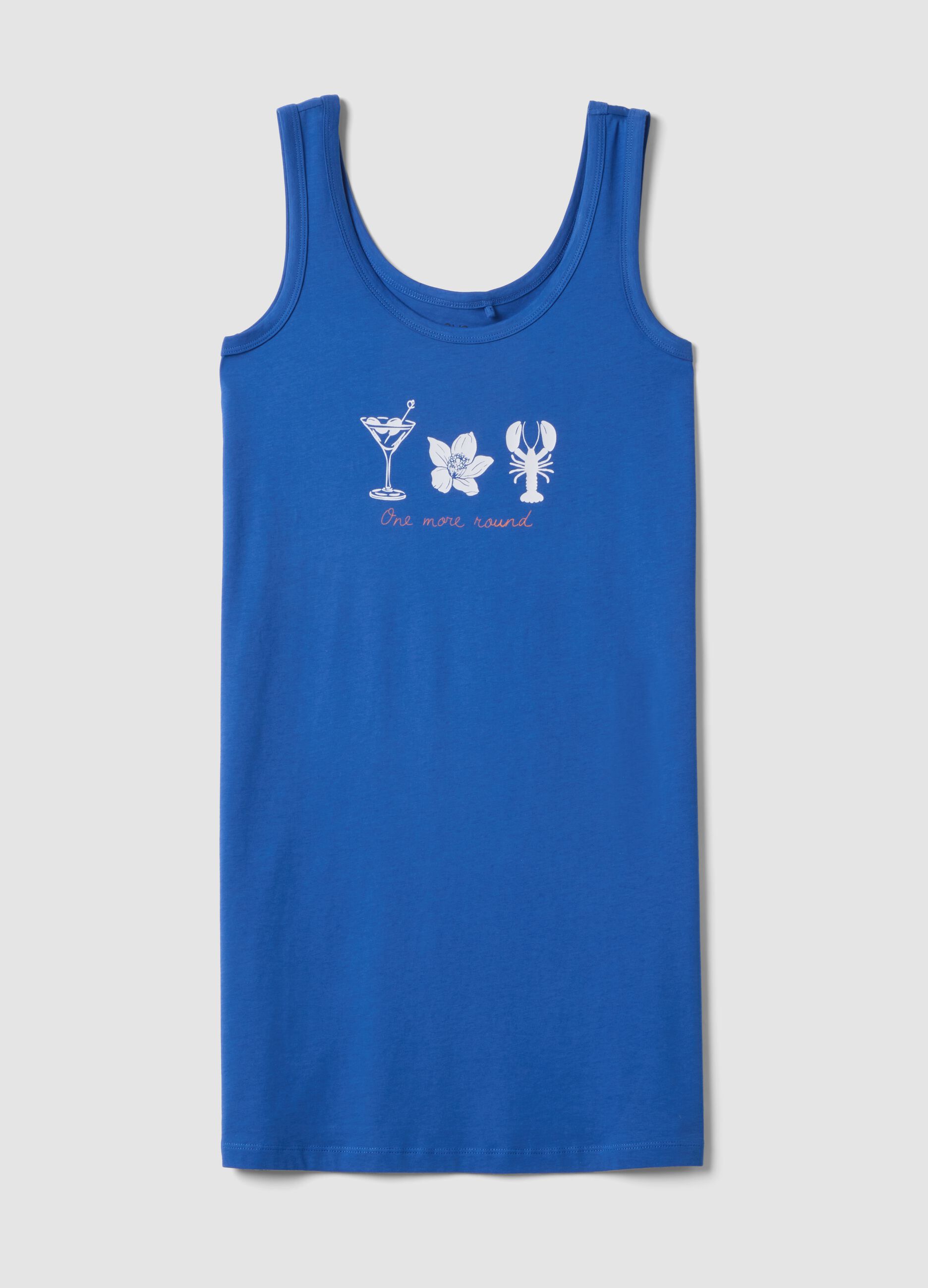 Sleeveless pure cotton blue nightdress with prints