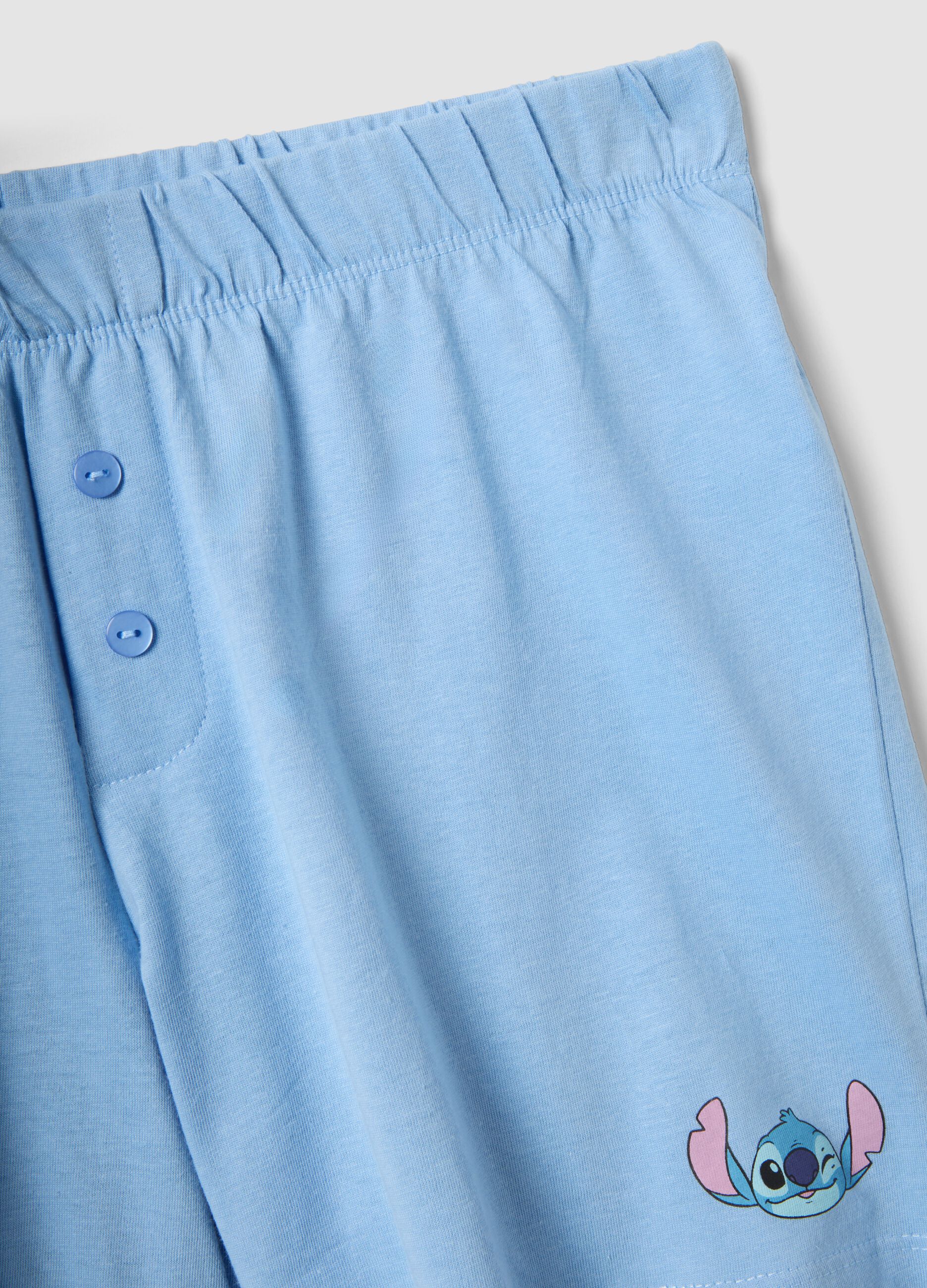 Pigiama corto bianco e azzurro in puro cotone con stampa Stitch