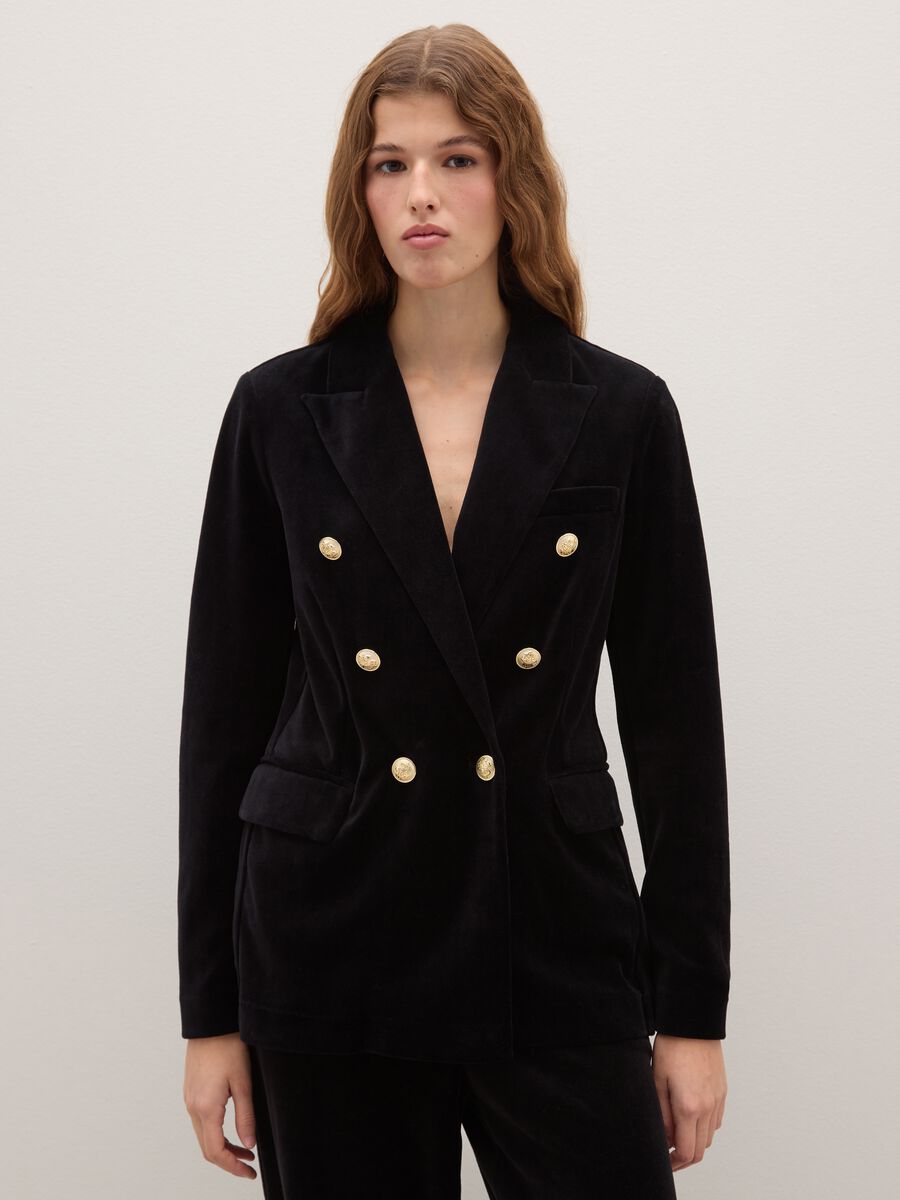 Blazer doppiopetto nero in misto cotone regular fit_0