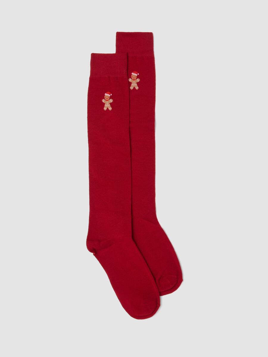 Calze lunghe rosse in cotone elasticizzato con motivo natalizio_0