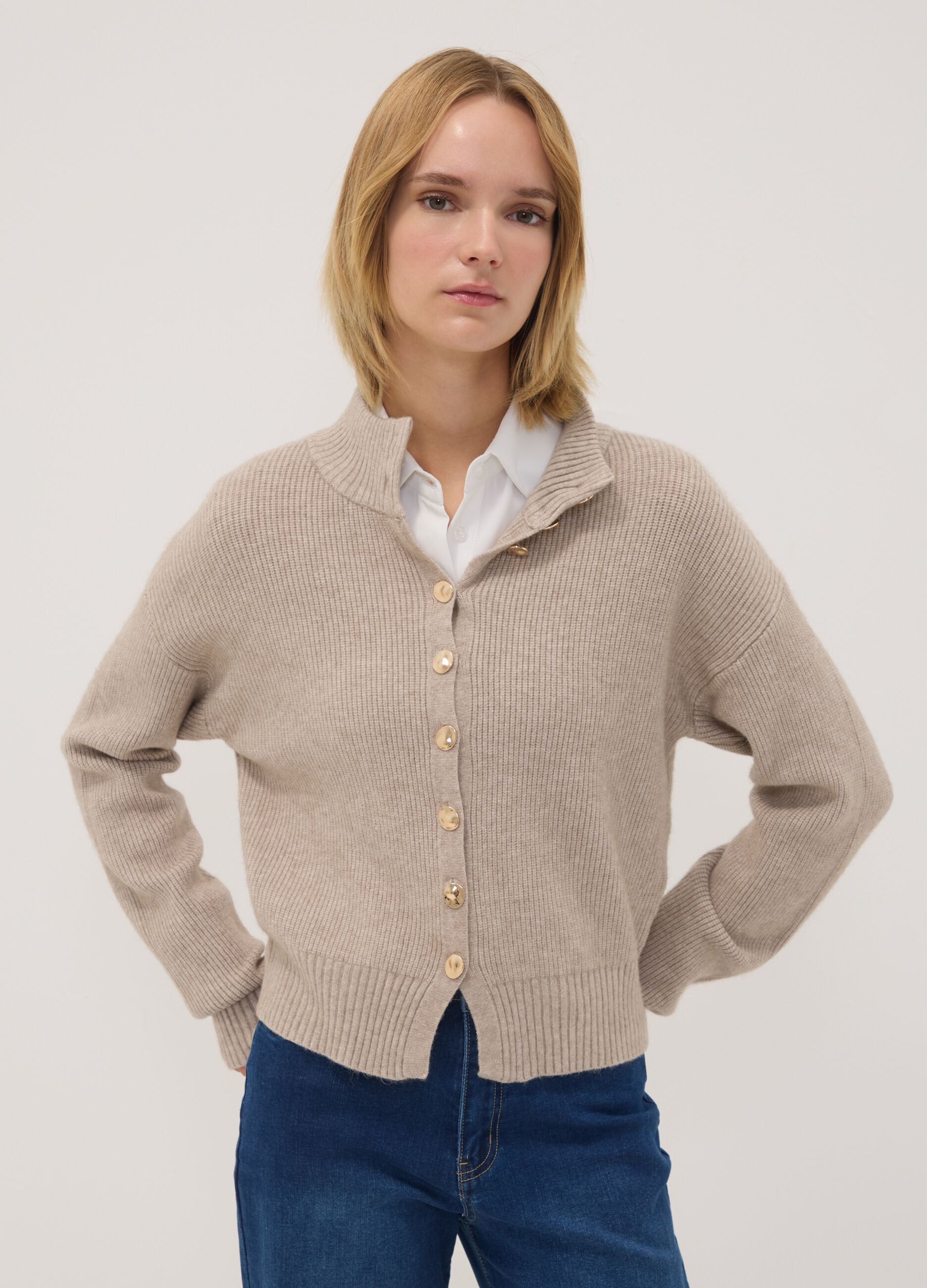 Sand ribbed viscose-blend cardigan, regular fit