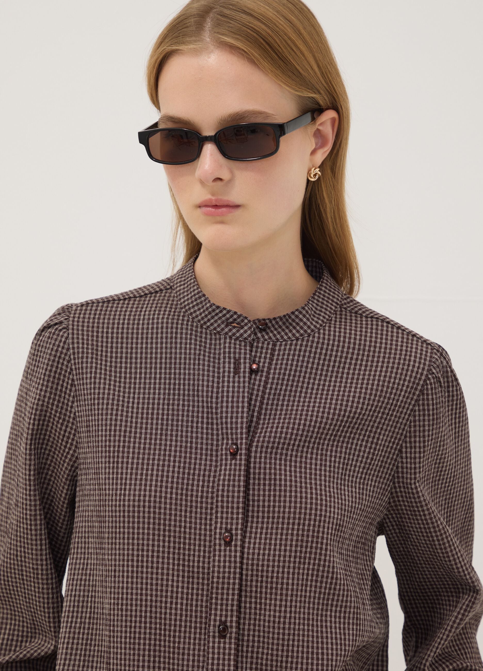 Brown stretch viscose shirt with Mandarin collar