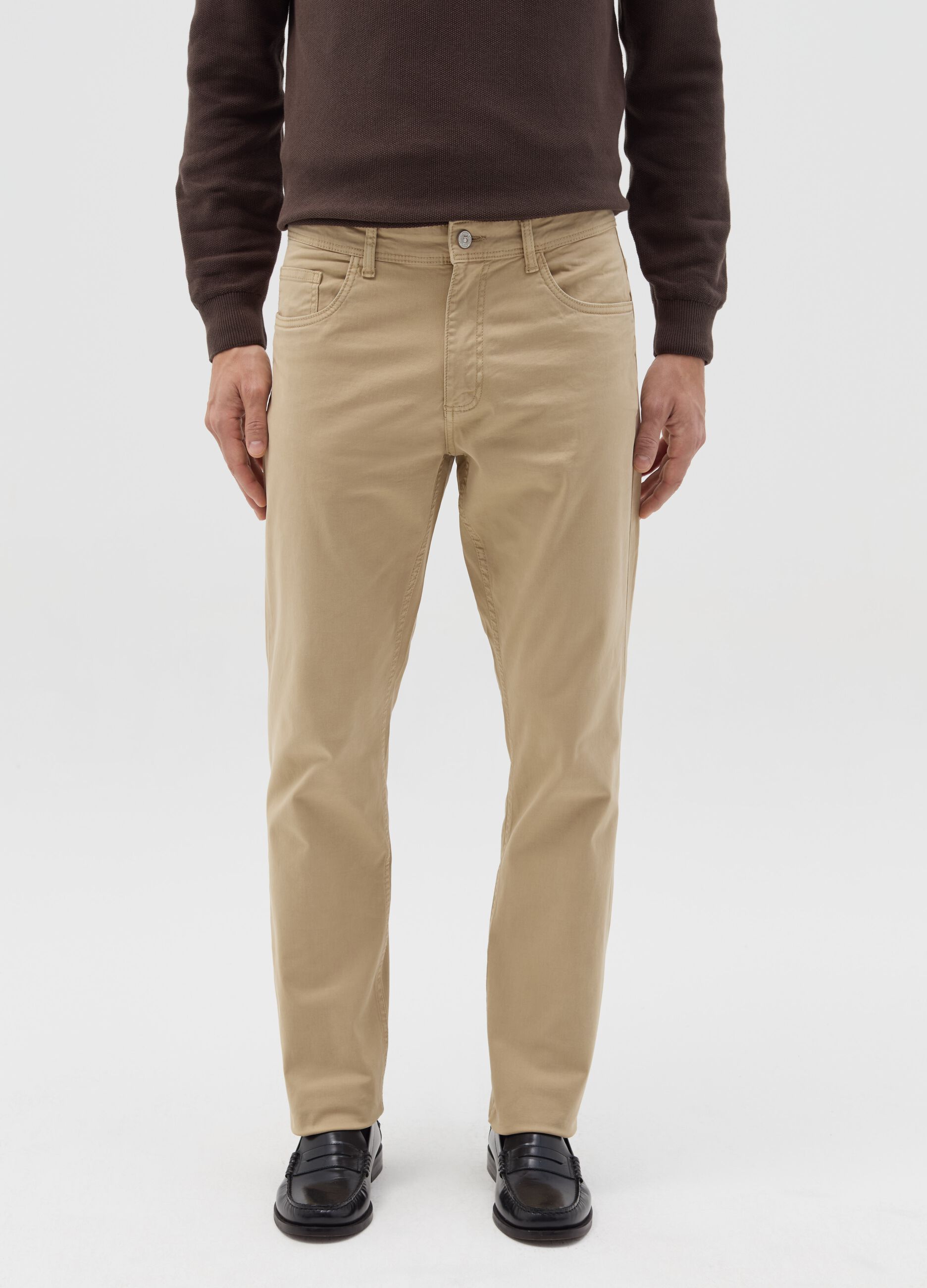 Pantalone slim fit in cotone stretch beige