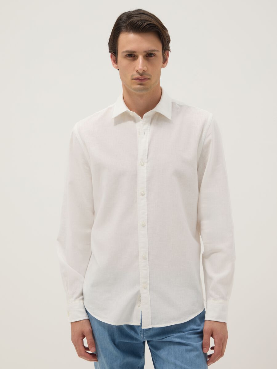 White regular fit linen-cotton blend shirt_0