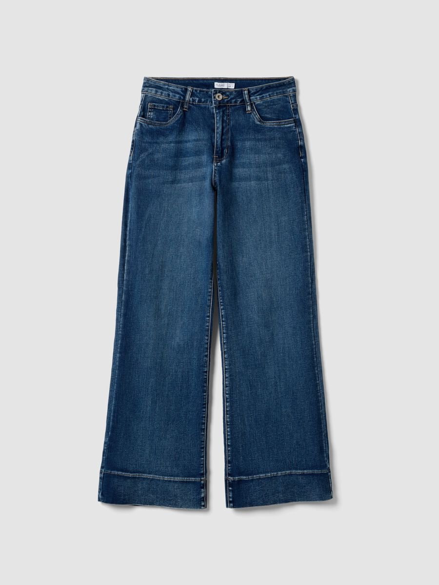 Pantaloni wide leg in misto cotone denim elasticizzato blu_4