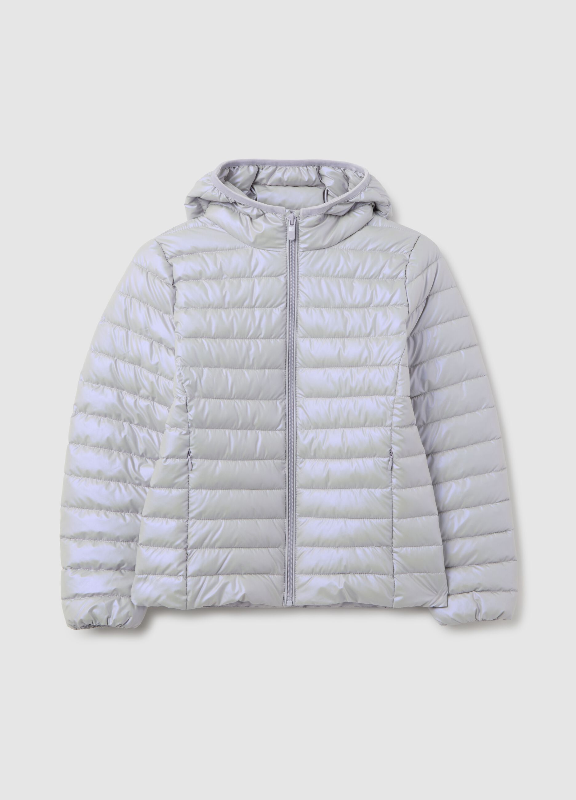 Grey winter jacket for girls with hood and zip