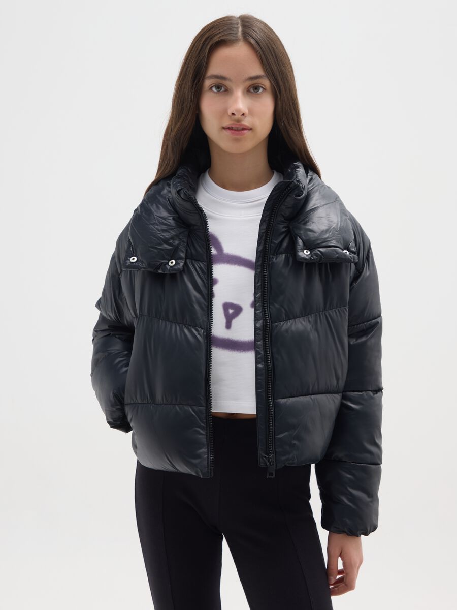 Giacca imbottita nera da ragazza regular fit con zip_0