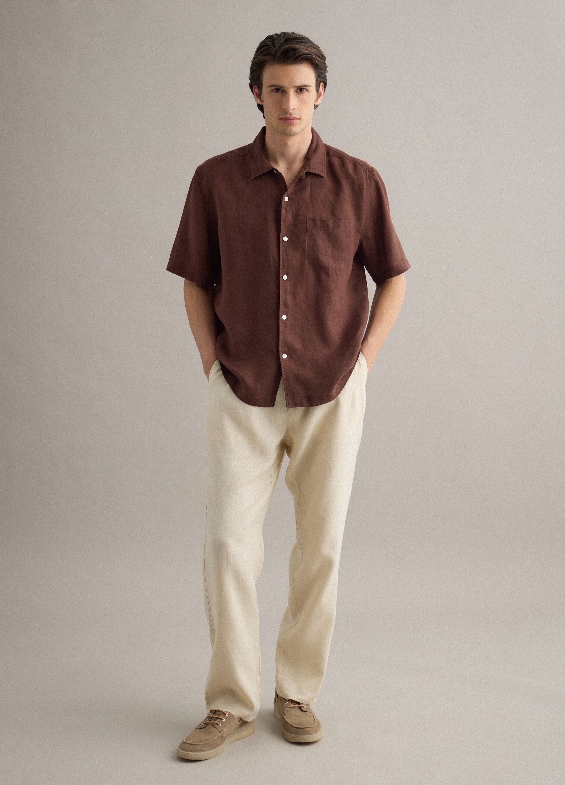 Brown short sleeve pure linen regular fit shirt