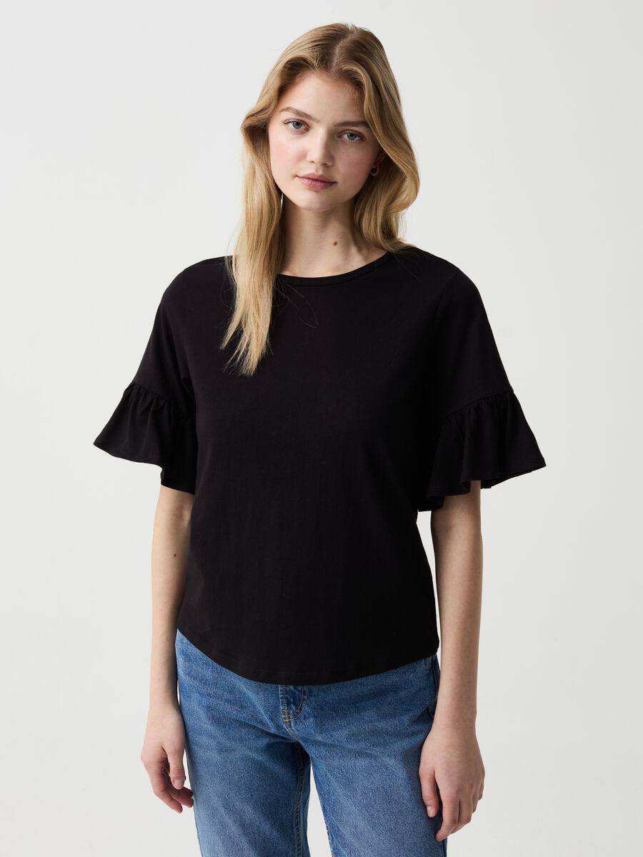 Cotton T-shirt with flounces_0