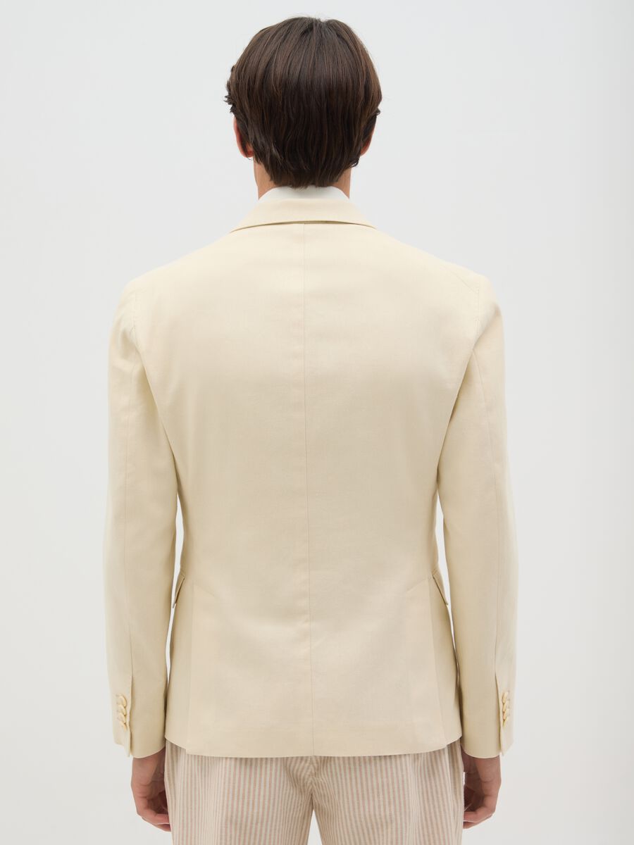 Men's Beige Slim Fit Linen Blend Blazer with Buttons_3