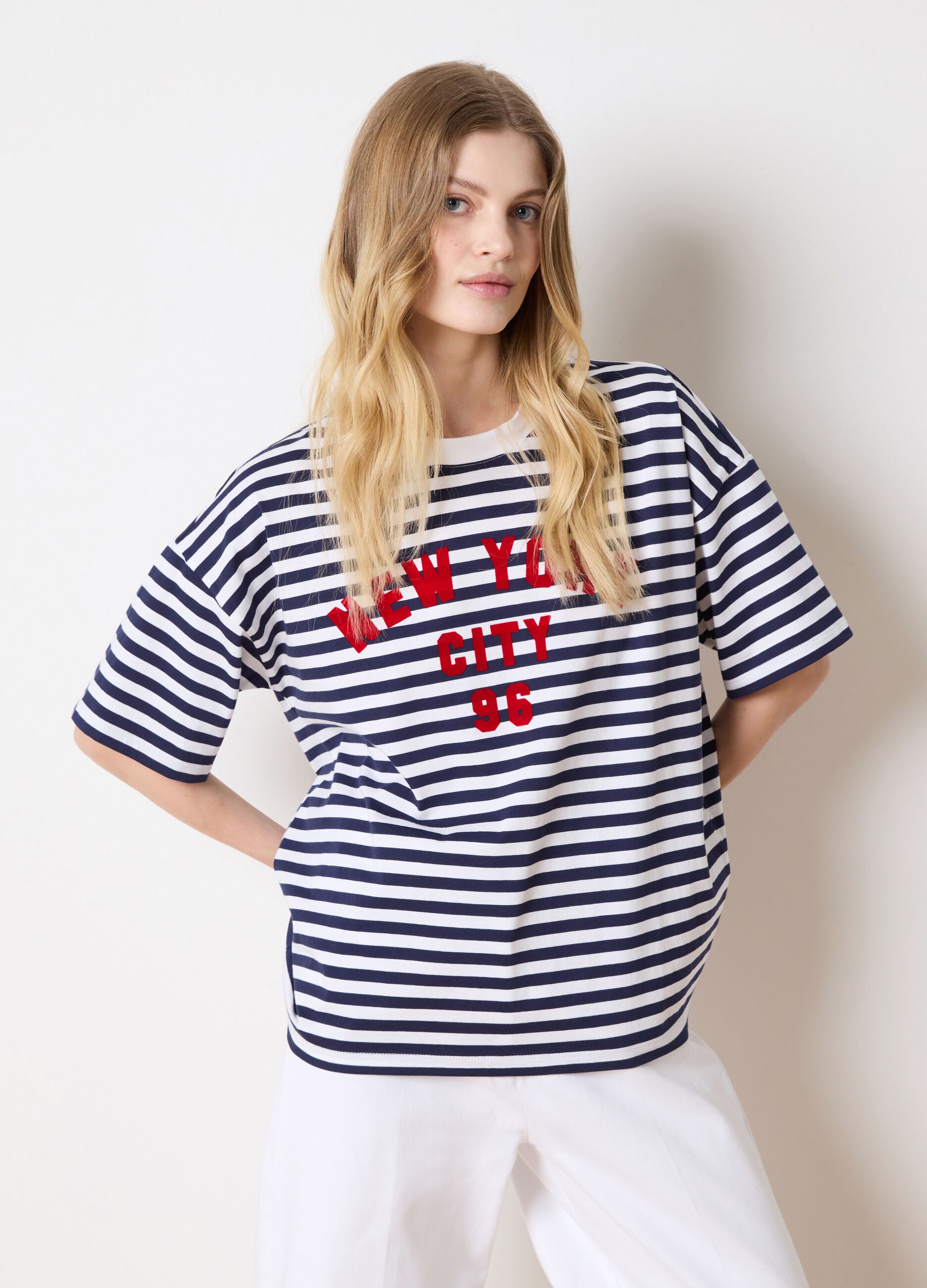 Striped T-shirt with printed lettering