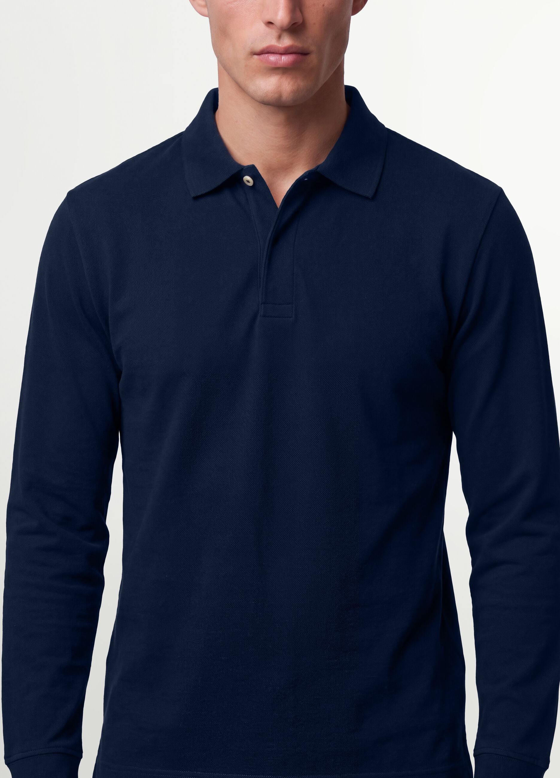Navy stretch-cotton long-sleeve polo shirt, regular fit