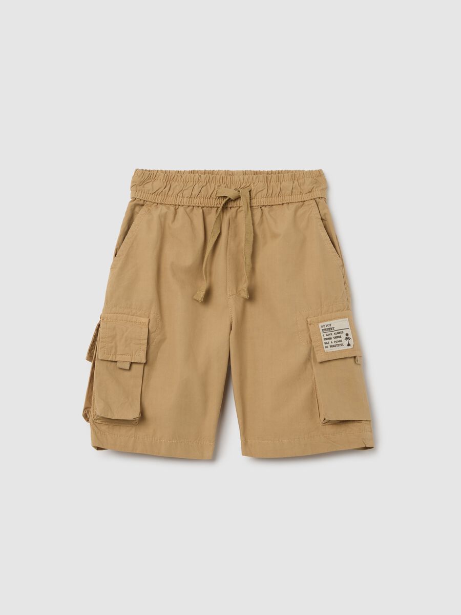 Kids' beige cotton regular fit shorts with pockets_0