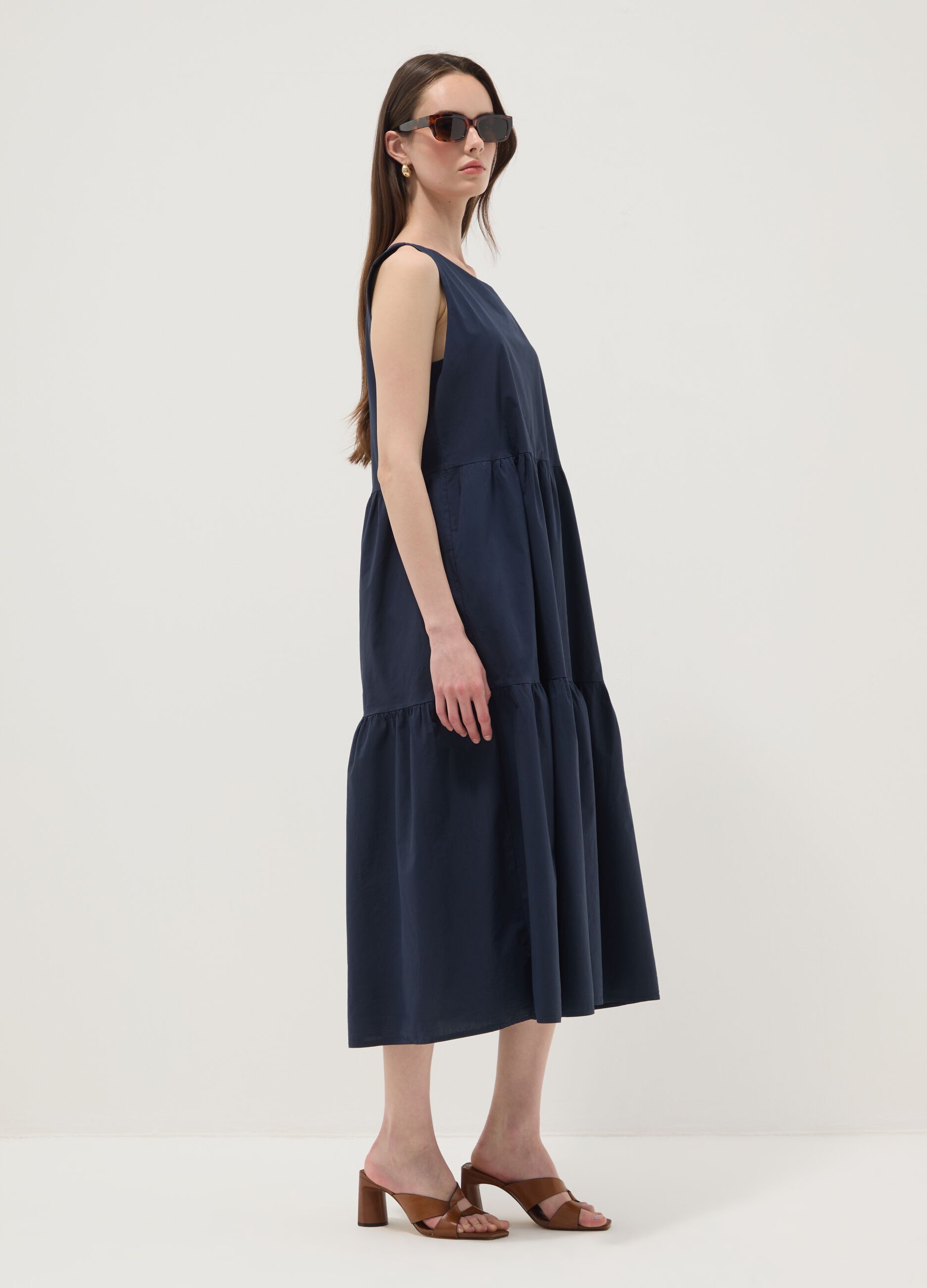 Blue sleeveless pure cotton dress with tiered skirt, regular fit