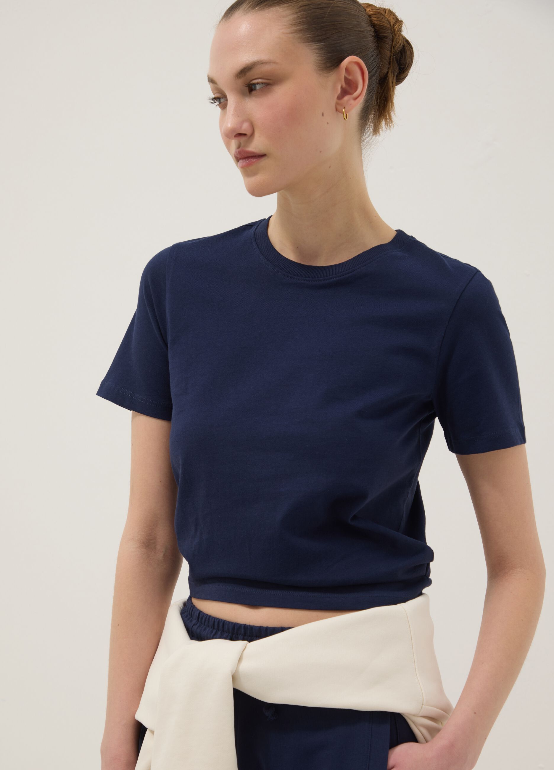 Blue pure cotton short-sleeve T-shirt, regular fit