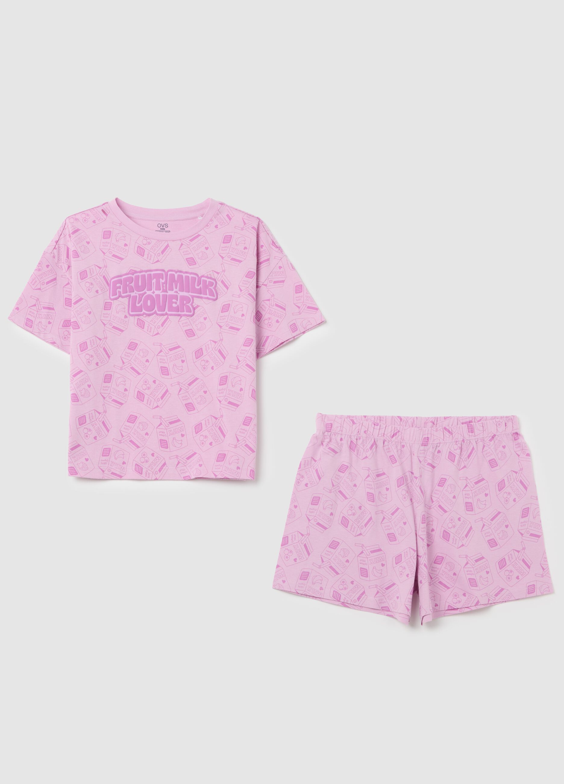 Pink short pyjamas with milk and fruit pattern for girls