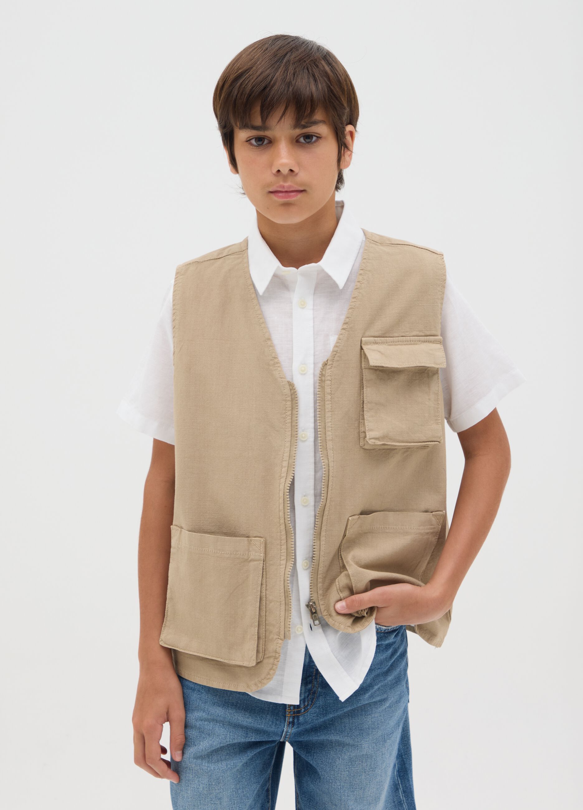OVS Kids Beige Stretch Cotton Gilet