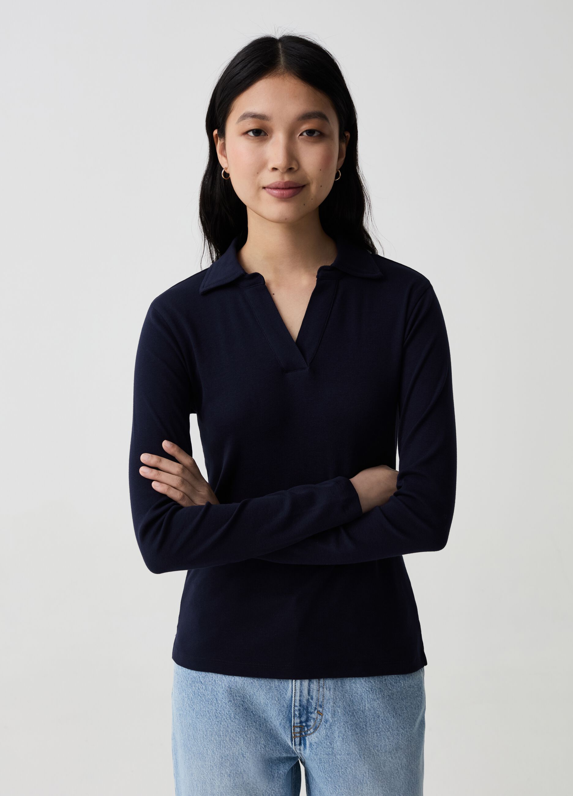 Long-sleeved T-shirt with polo neck