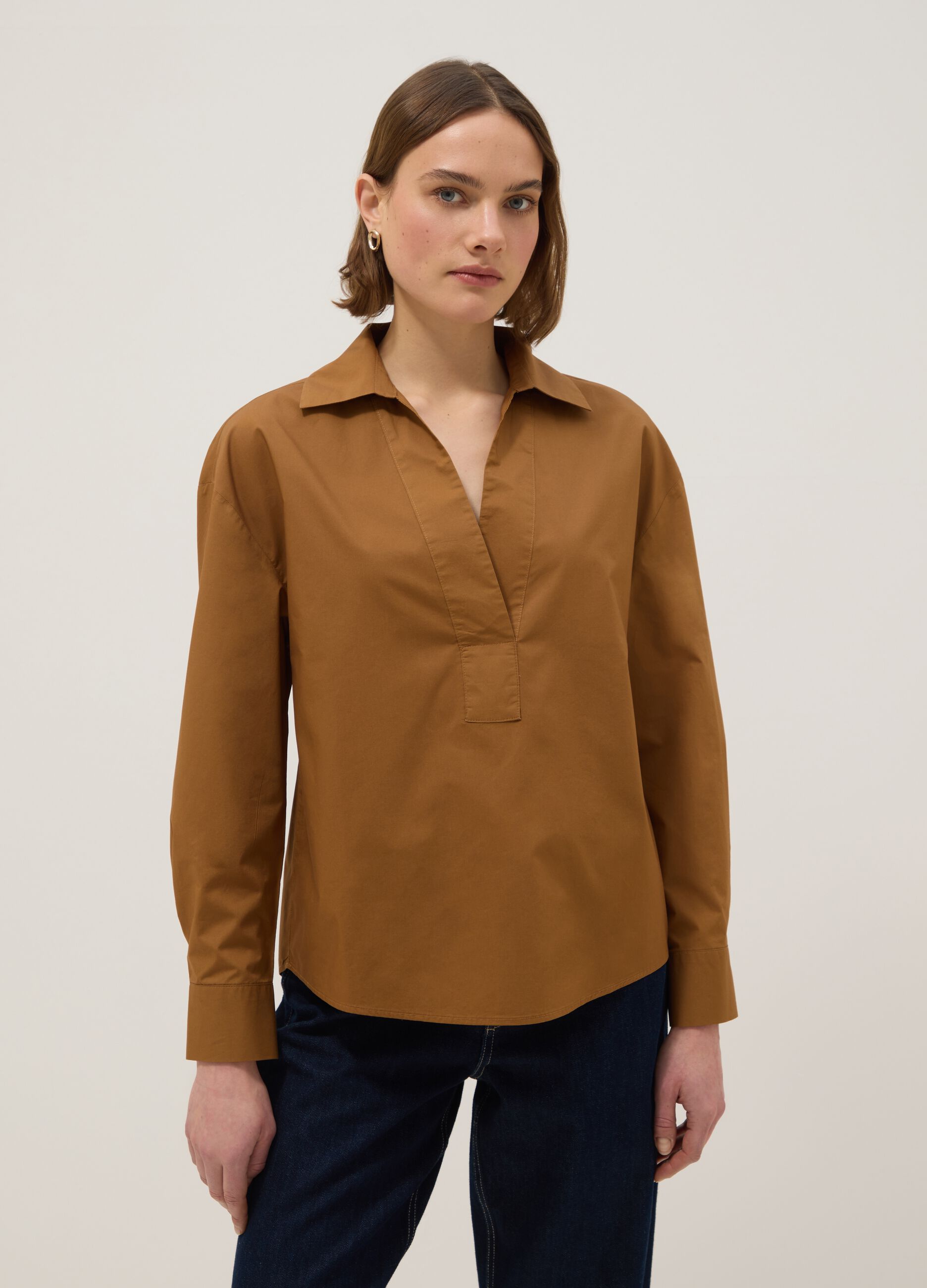 Brown regular fit pure cotton shirt without buttons