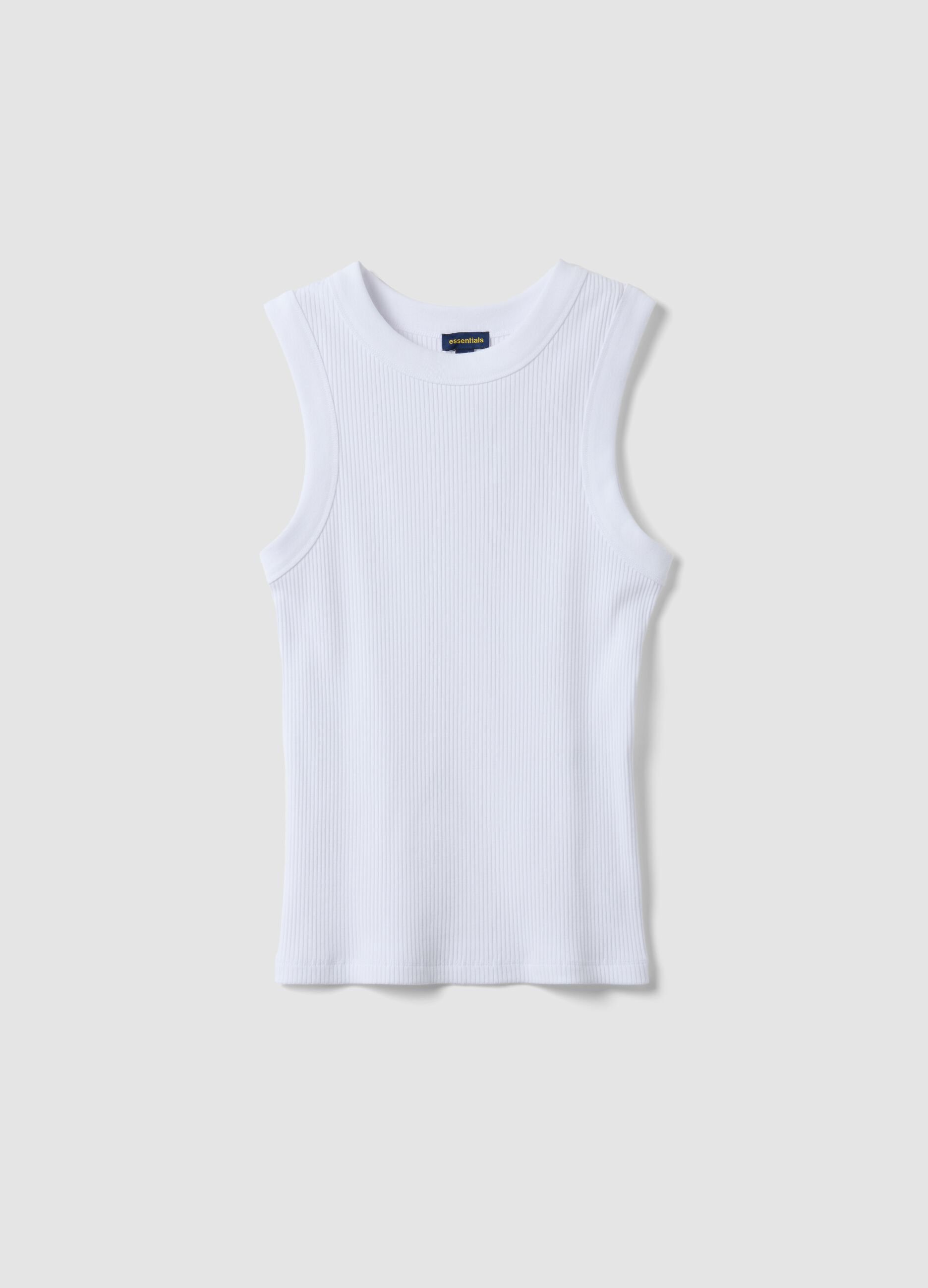 Tank top bianco in cotone elasticizzato a costine fitted