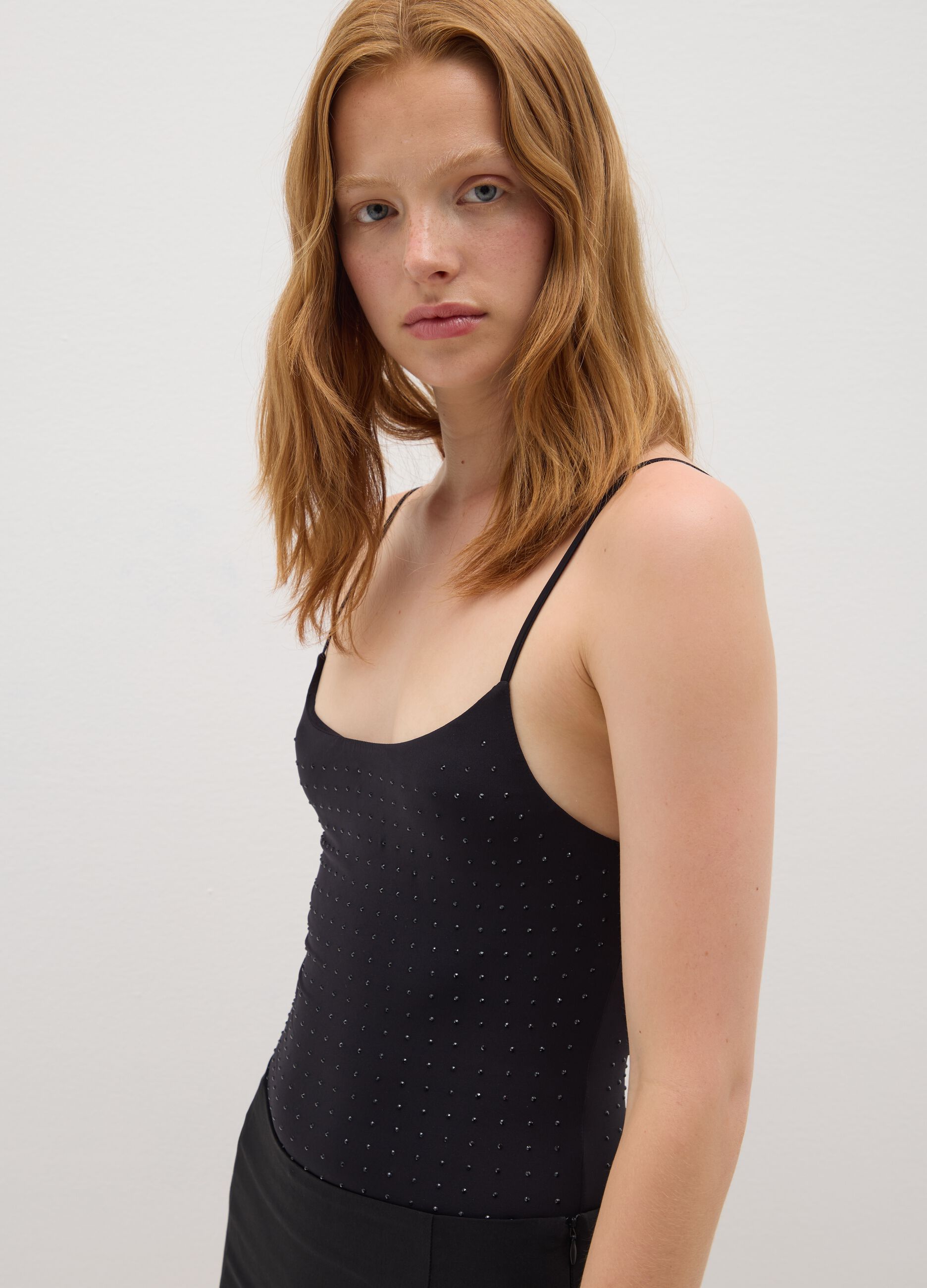 Women's Stretch Black Bodysuit with Rhinestones