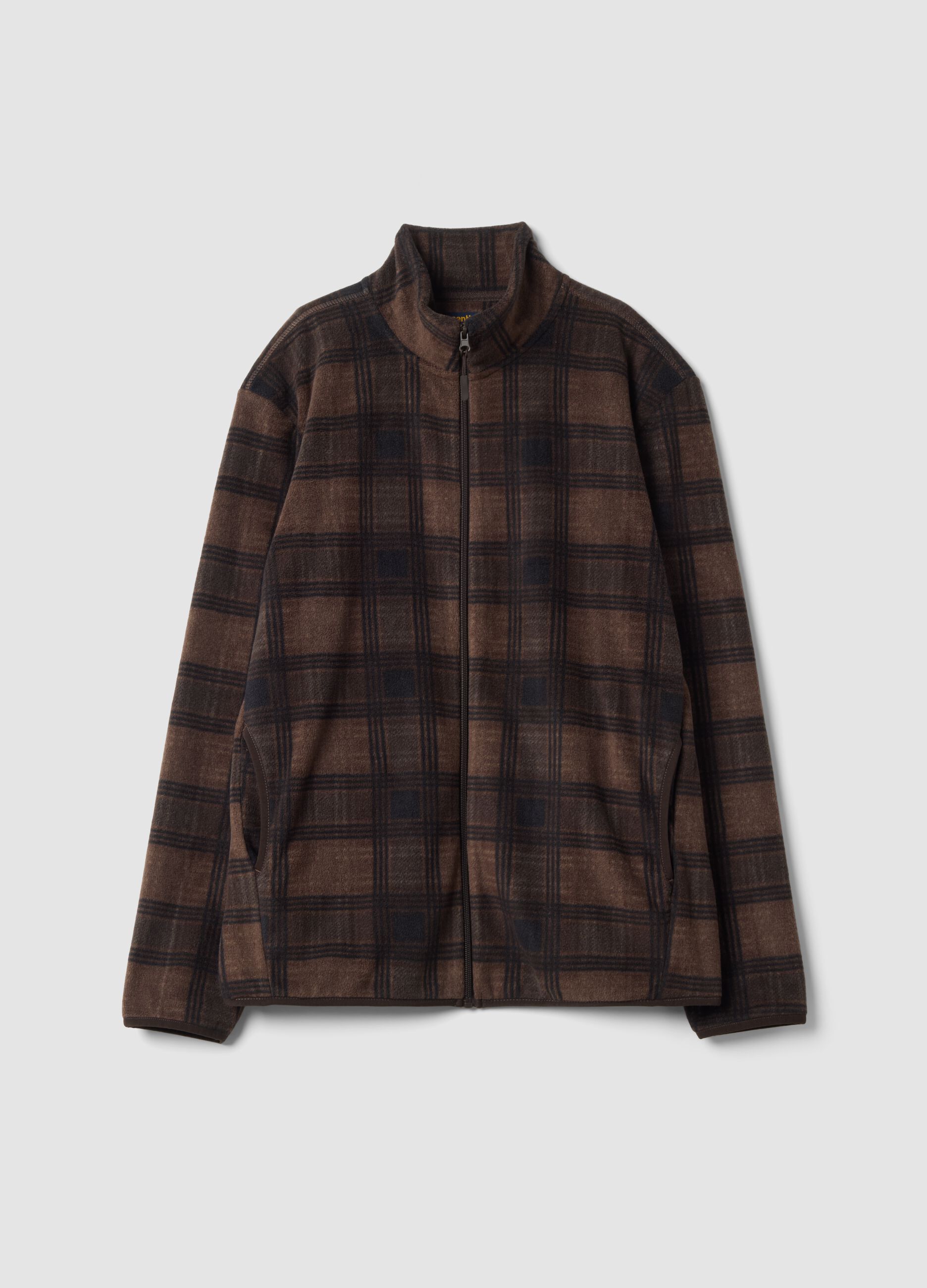 Brown checked fleece sweatshirt with regular-fit fleece collar