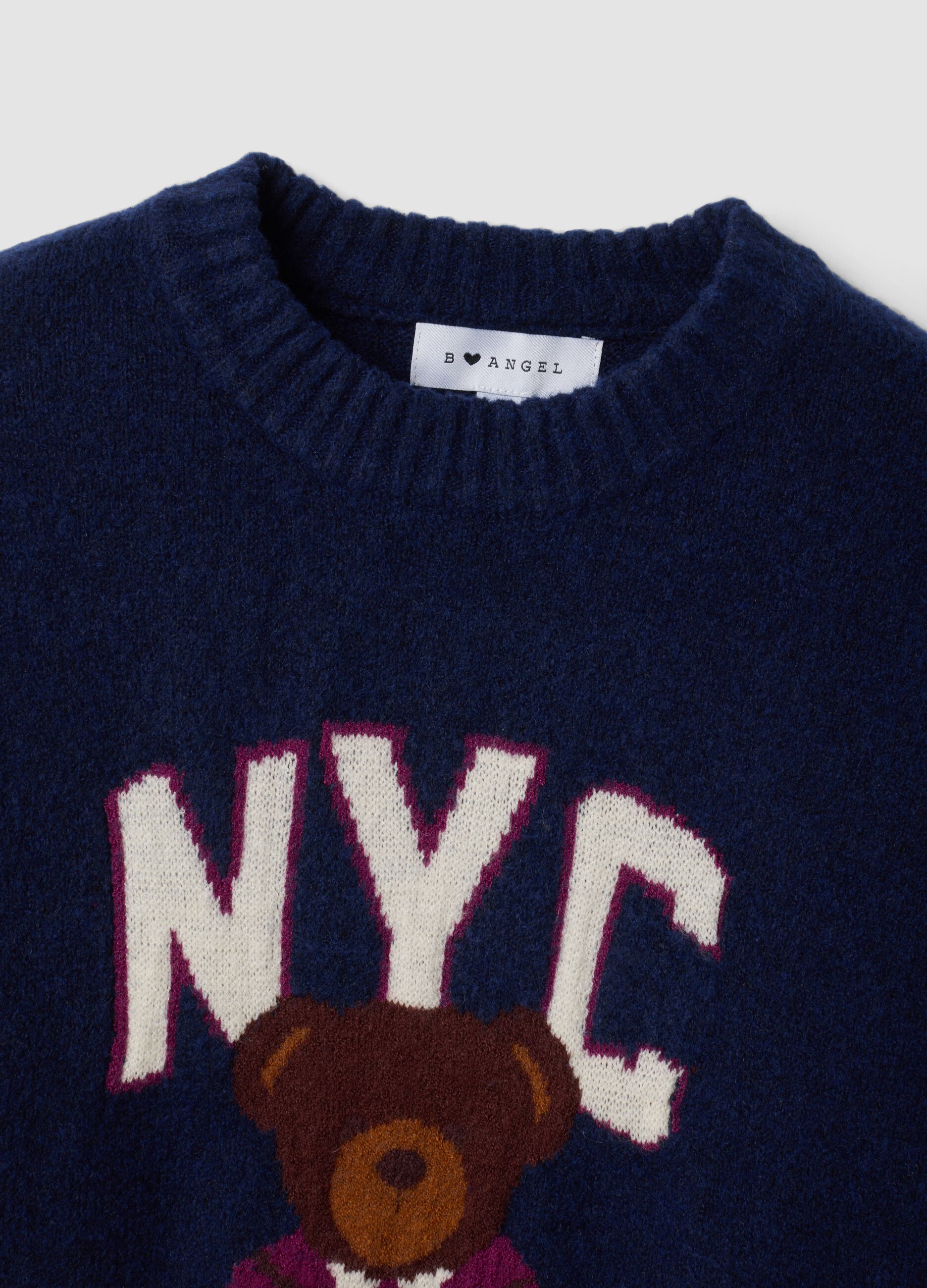 Blue stretch viscose jacquard crew-neck jumper