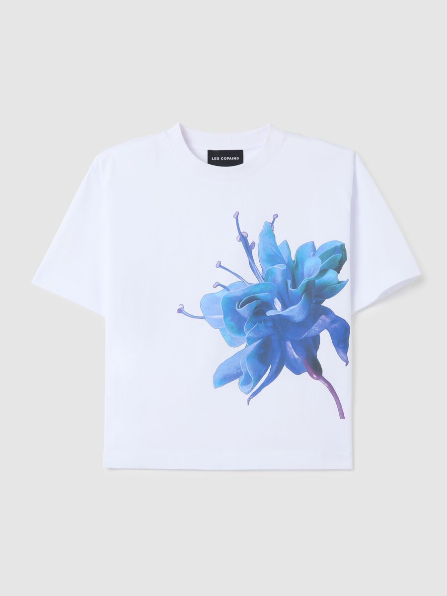 White cotton crew neck T-shirt with blue flower_0
