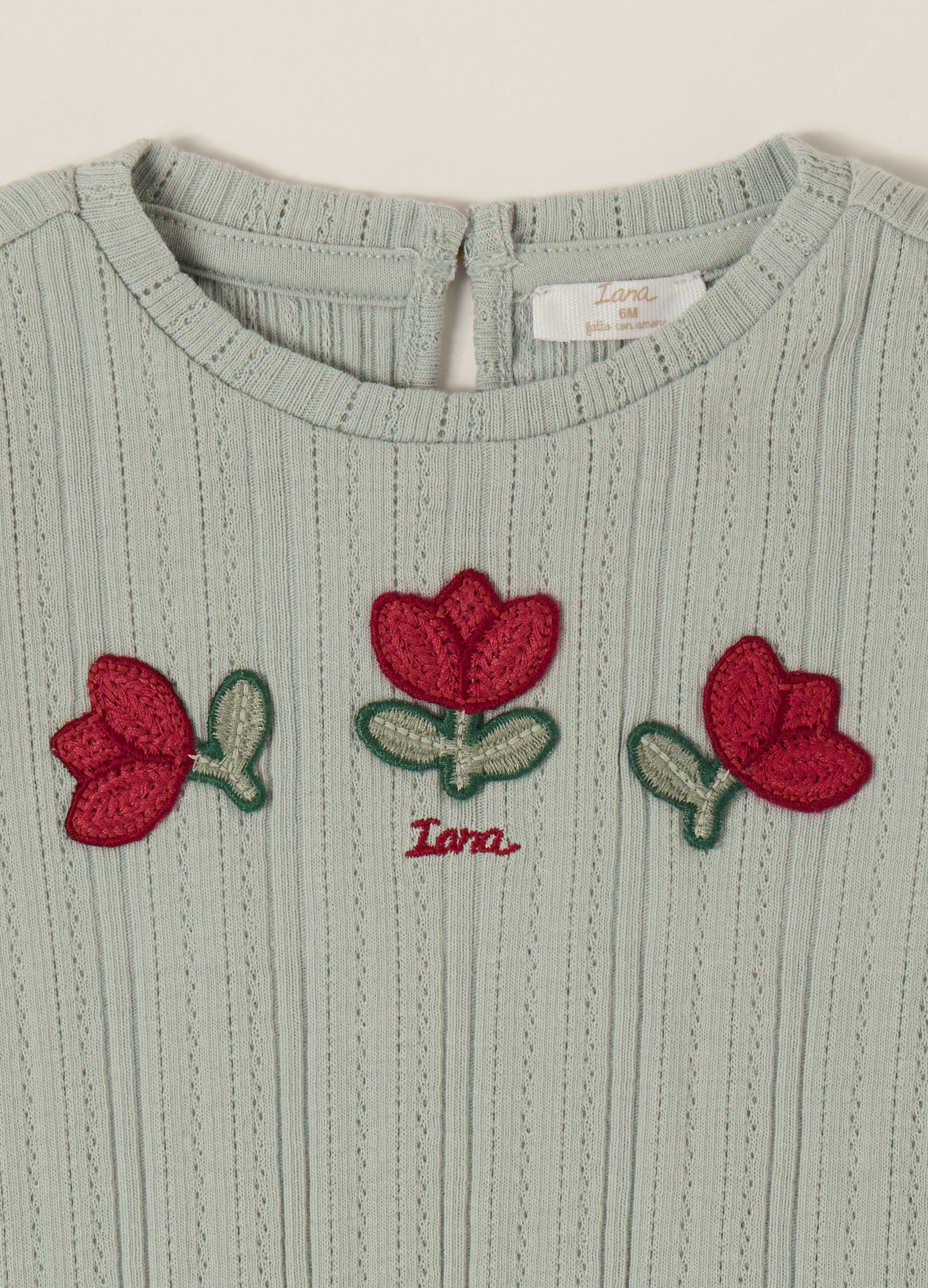 Green Long-Sleeve T-Shirt with Embroidered Flowers
