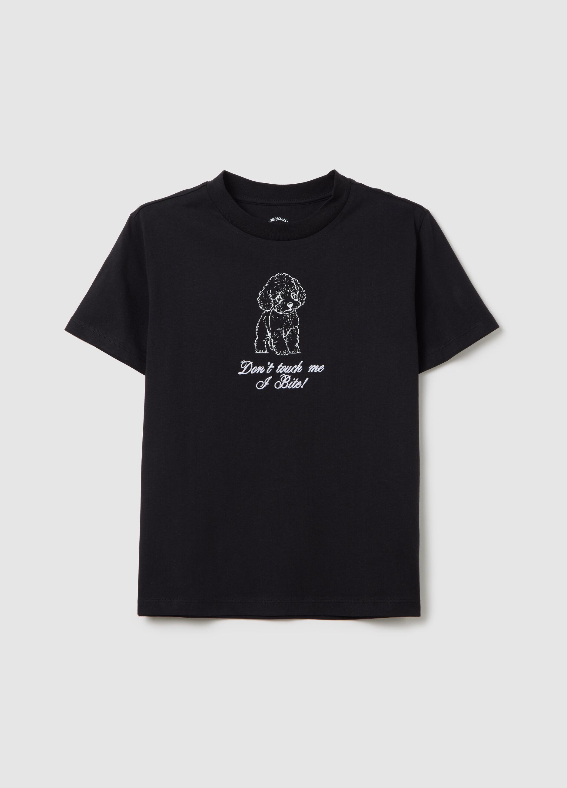Black T-shirt in cotton with "Don't touch me I bite" print