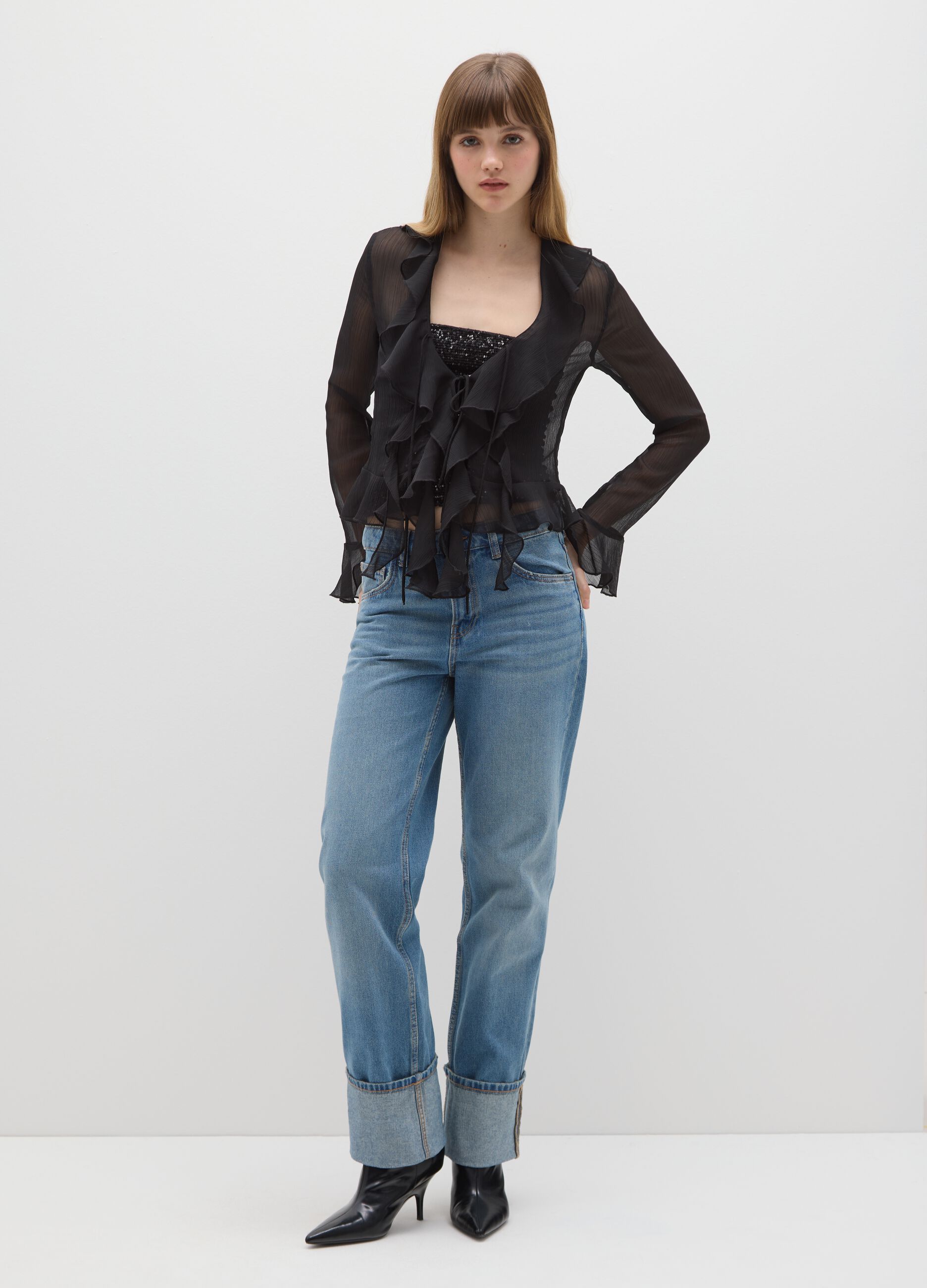 Regular fit black blouse with ruffles