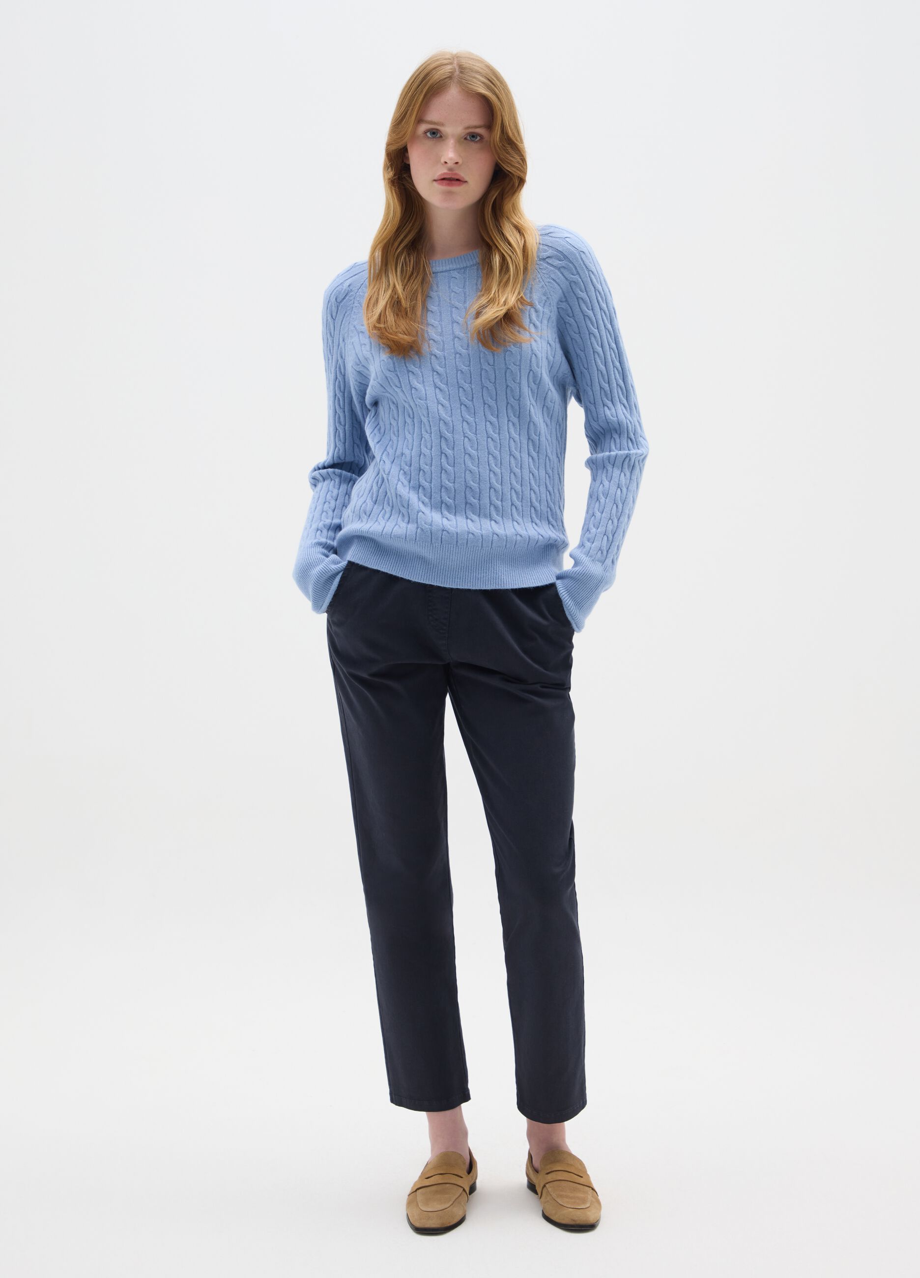 Blue Stretch Cotton Regular Fit Trousers