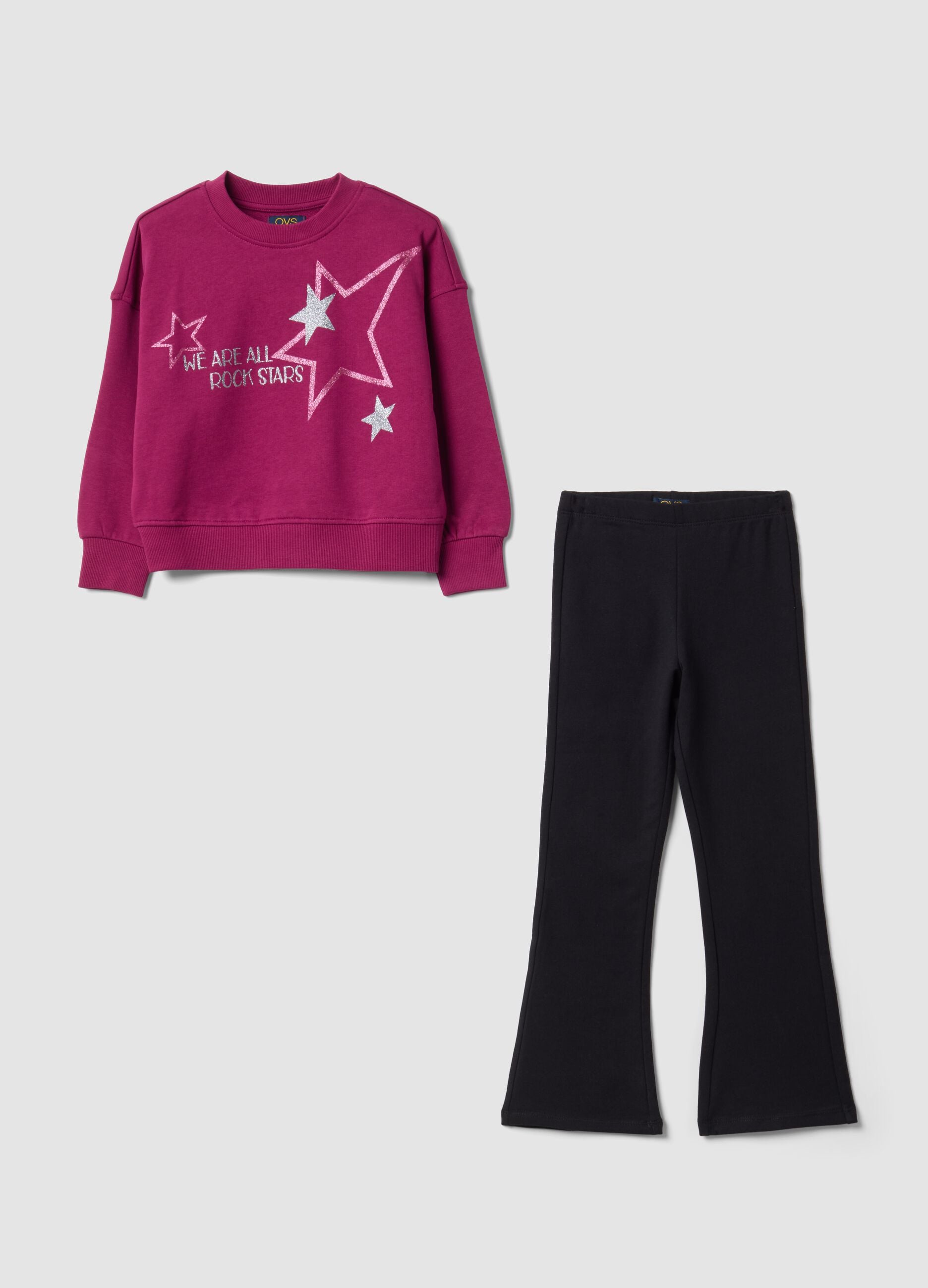 Purple and black 100% cotton tracksuit with crew-neck sweatshirt for girls