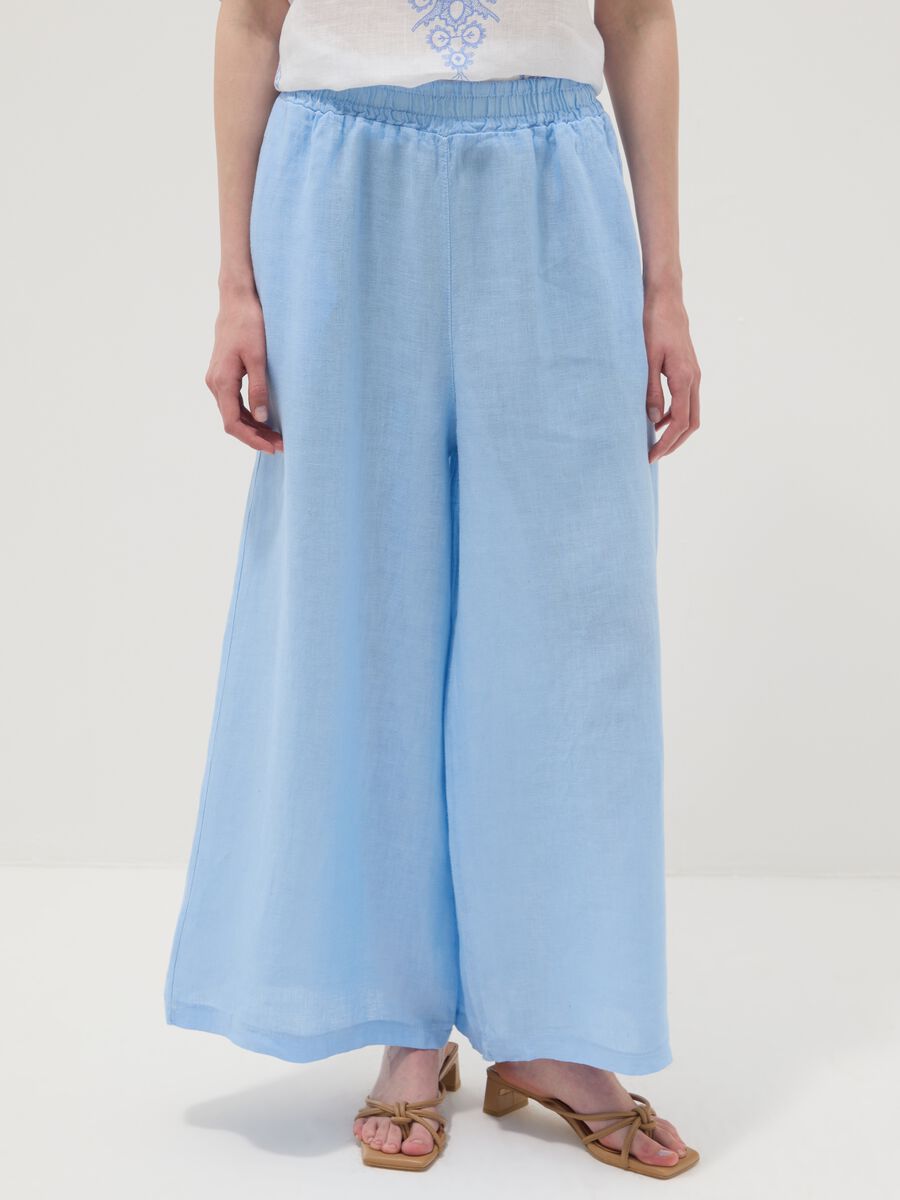 Pantaloni azzurri in puro lino a gamba ampia regular fit_1