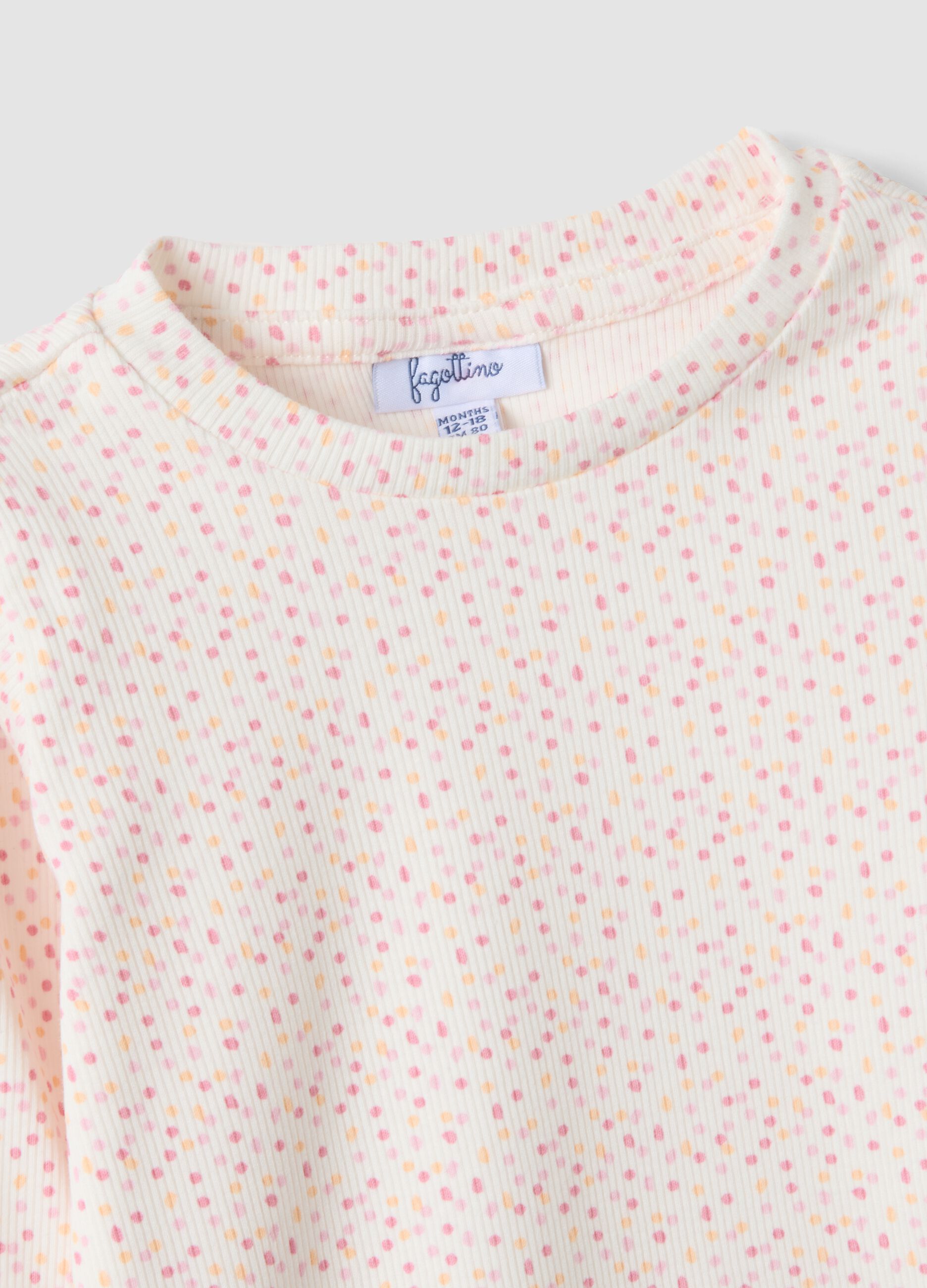 Maglietta bianca in cotone organico elasticizzato a pois slim fit per bimba