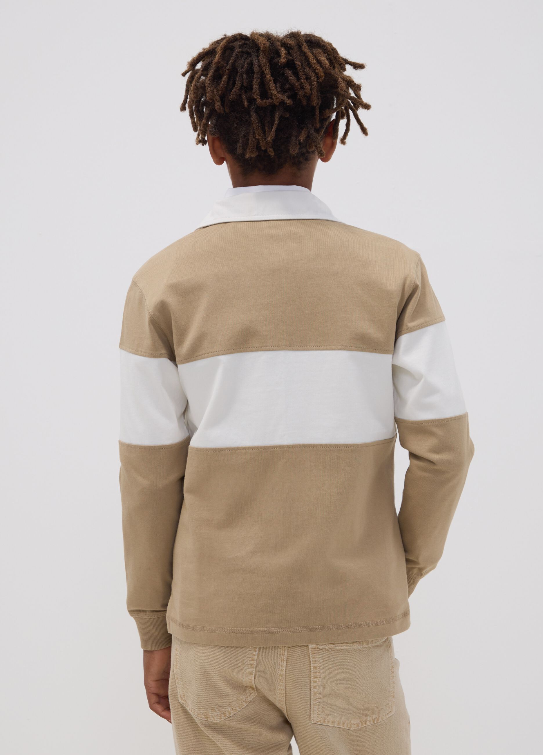 Polo beige in puro cotone a righe con collo classico per ragazzo