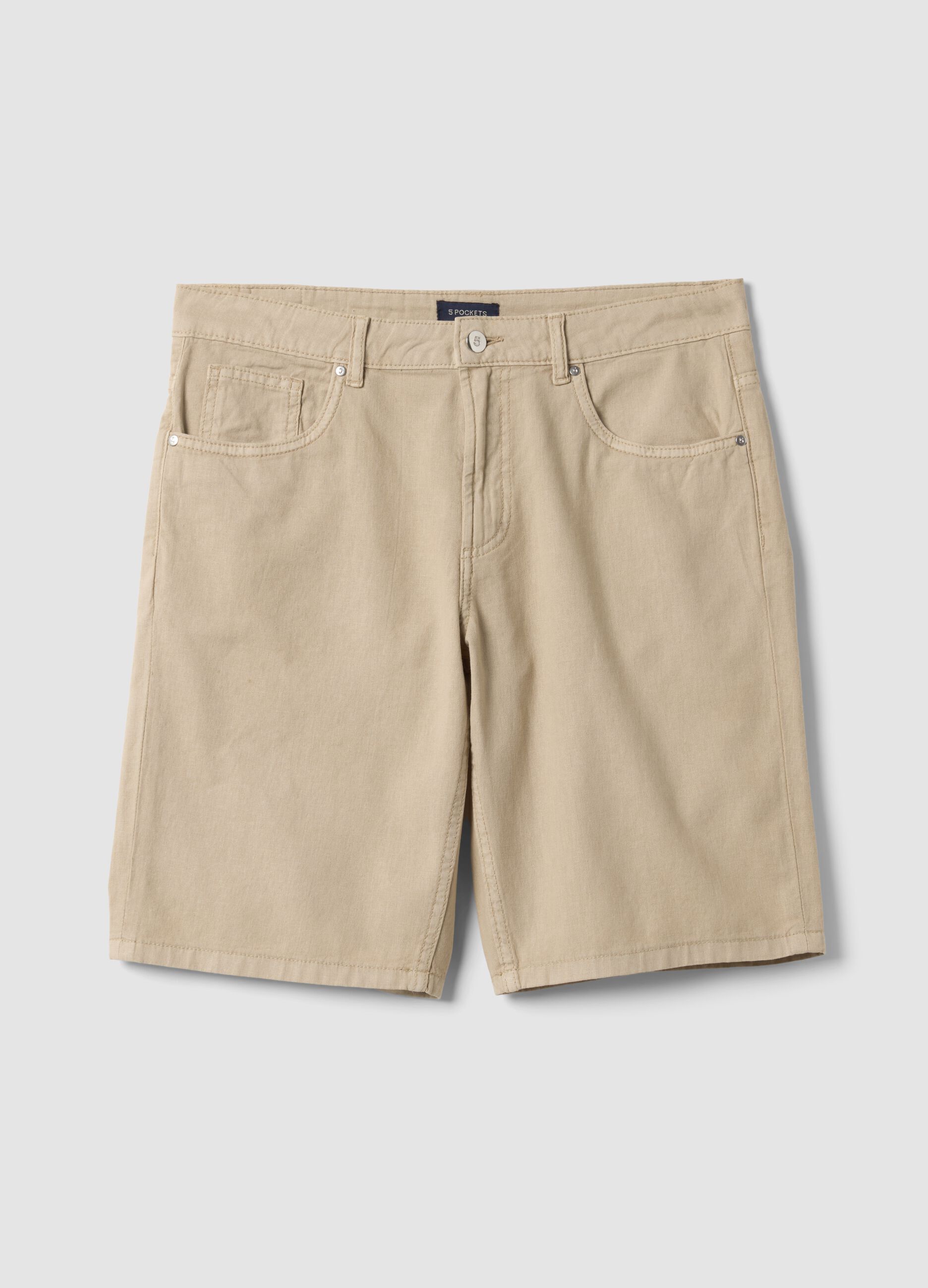 Beige five-pocket linen and cotton blend Bermuda shorts
