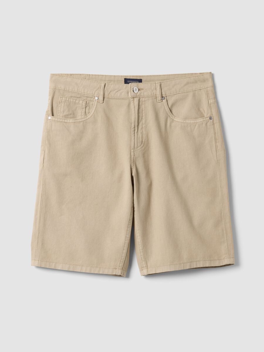 Beige five-pocket linen and cotton blend Bermuda shorts_4