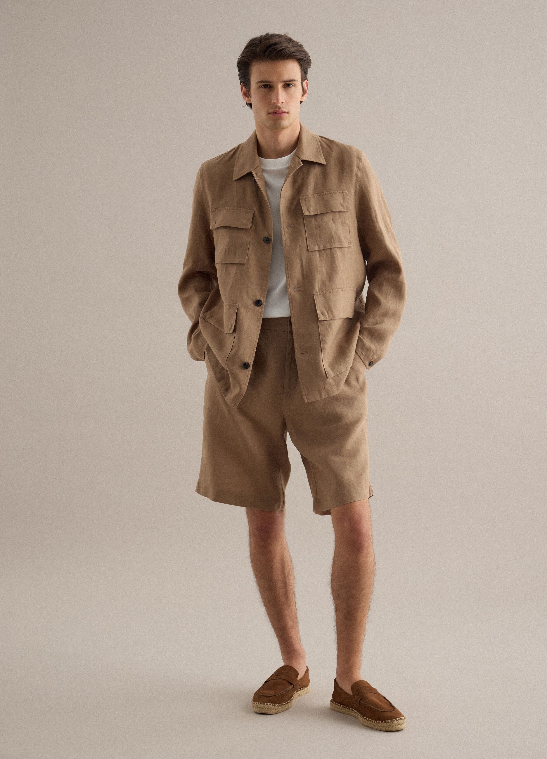 Regular Fit Brown Pure Linen Bermuda Shorts