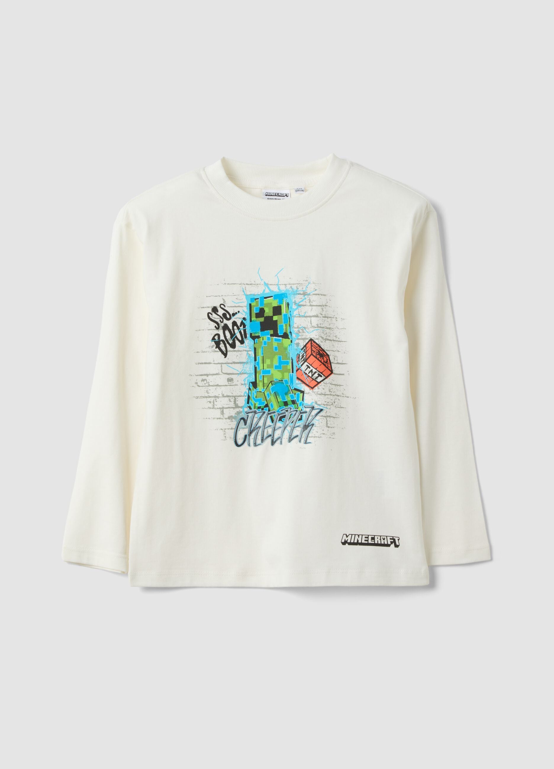 White crew-neck pure cotton T-shirt with Minecraft print