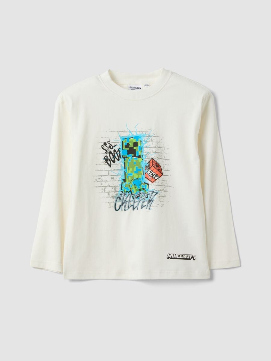 T-shirt bianca girocollo in puro cotone con stampa Minecraft_0