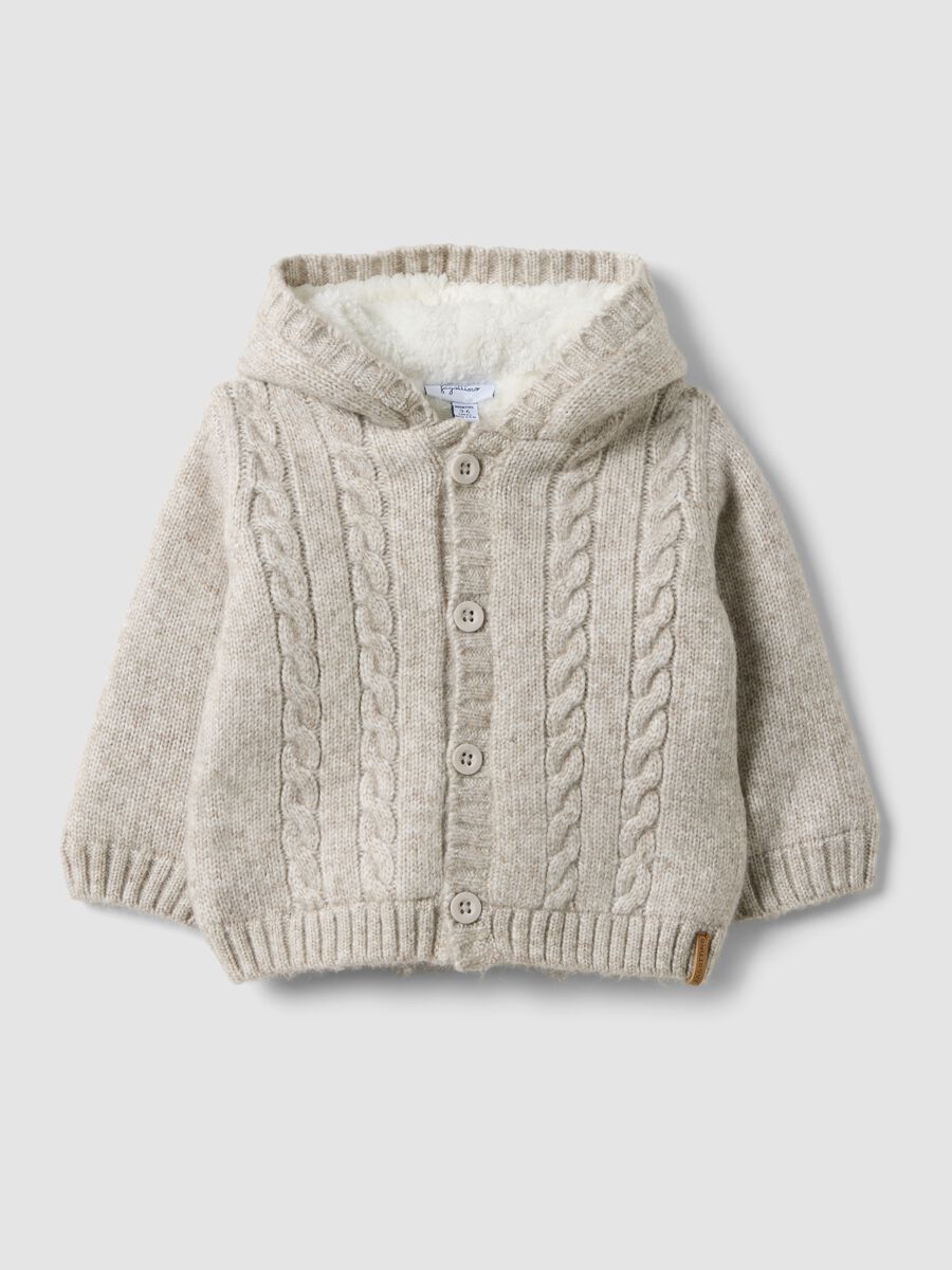 Giacca grigia con cappuccio in maglia a trecce_0