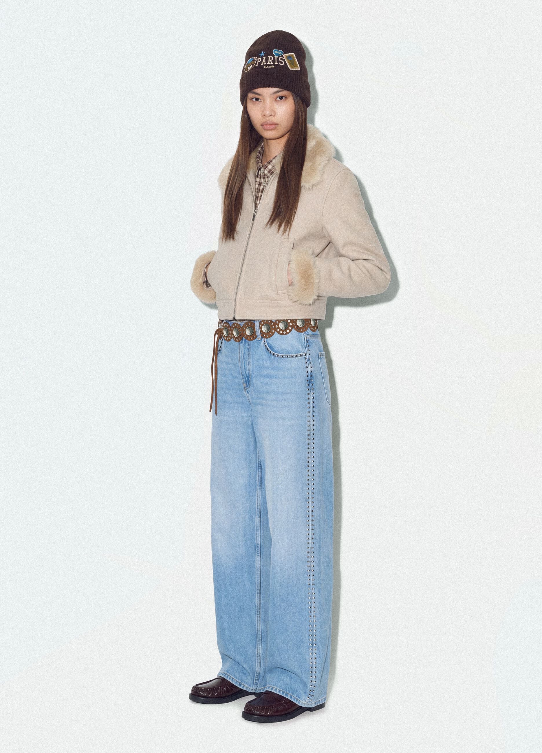 Giacca beige con zip e colletto a contrasto regular fit