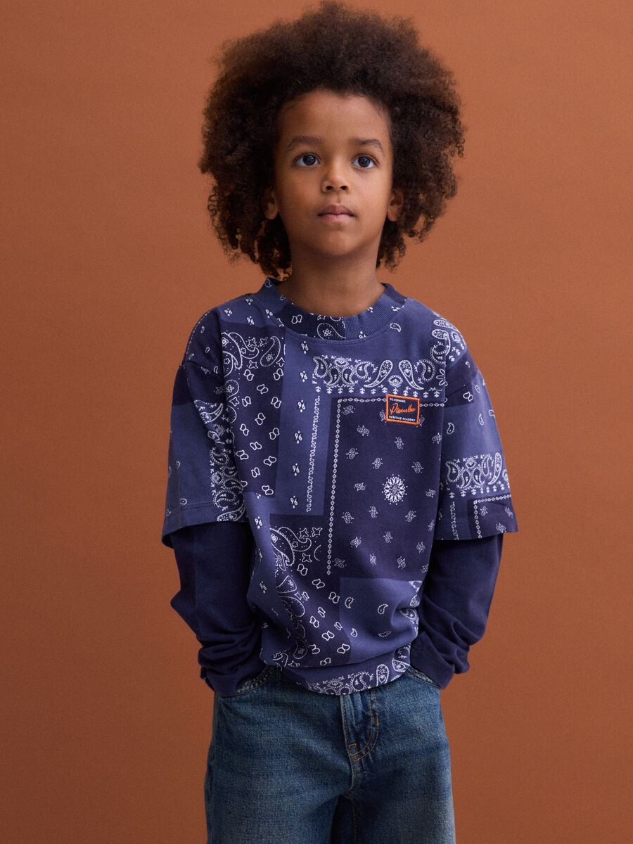 Blue pure cotton crew-neck T-shirt_0