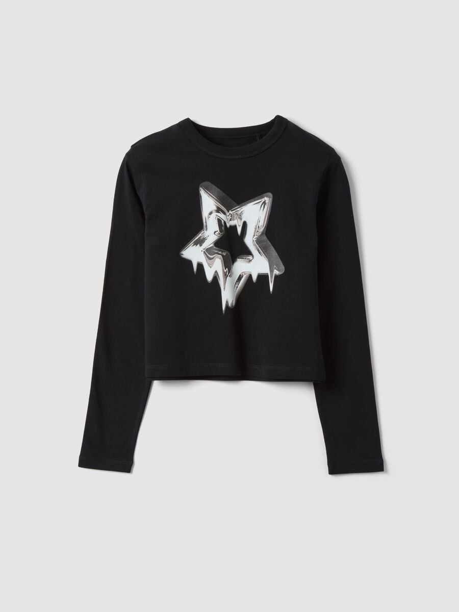 T-shirt nera in puro cotone organico con collo a costine per ragazza_0