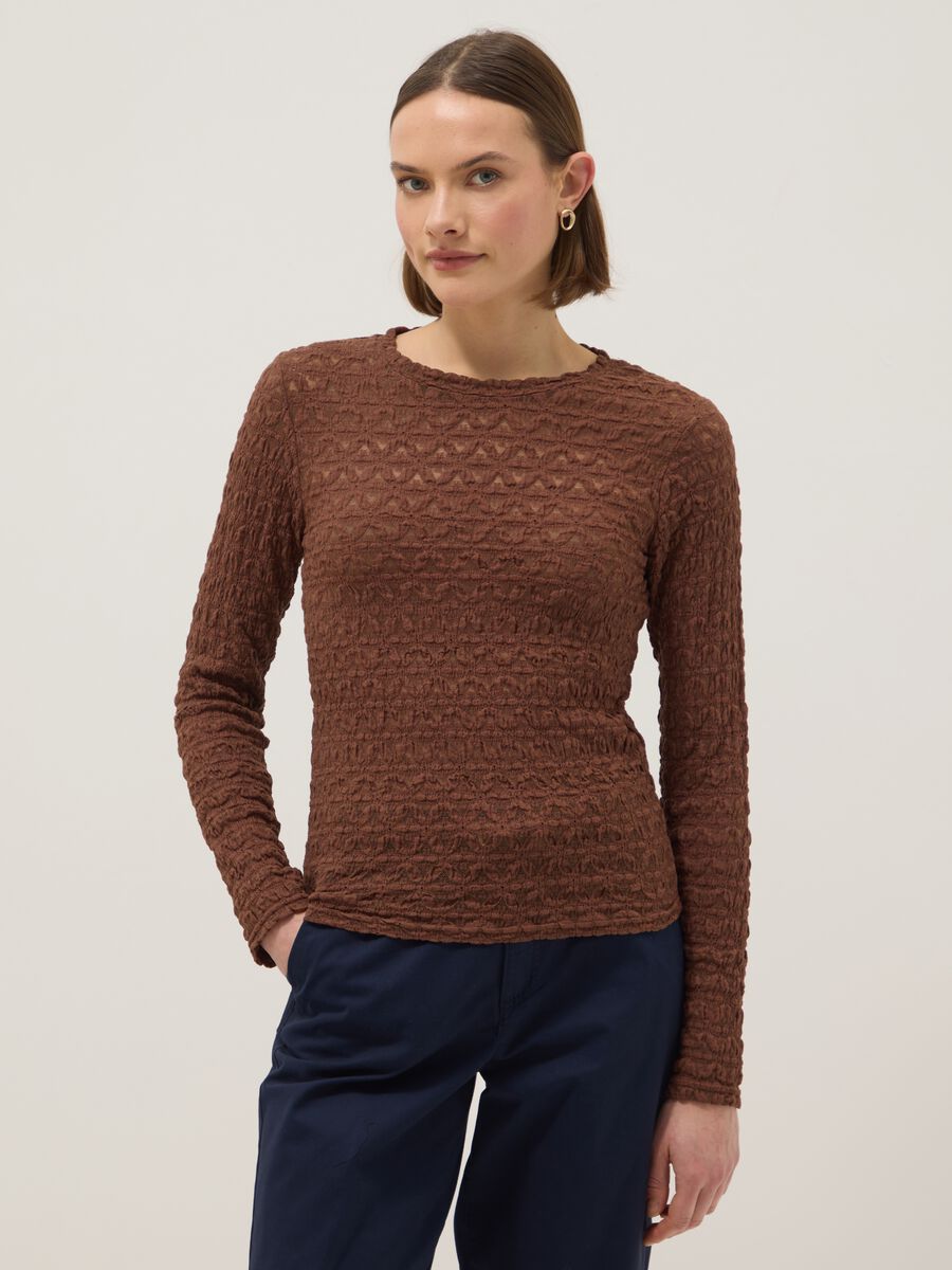 Brown cotton and viscose blend sweater regular fit with knit texture_1