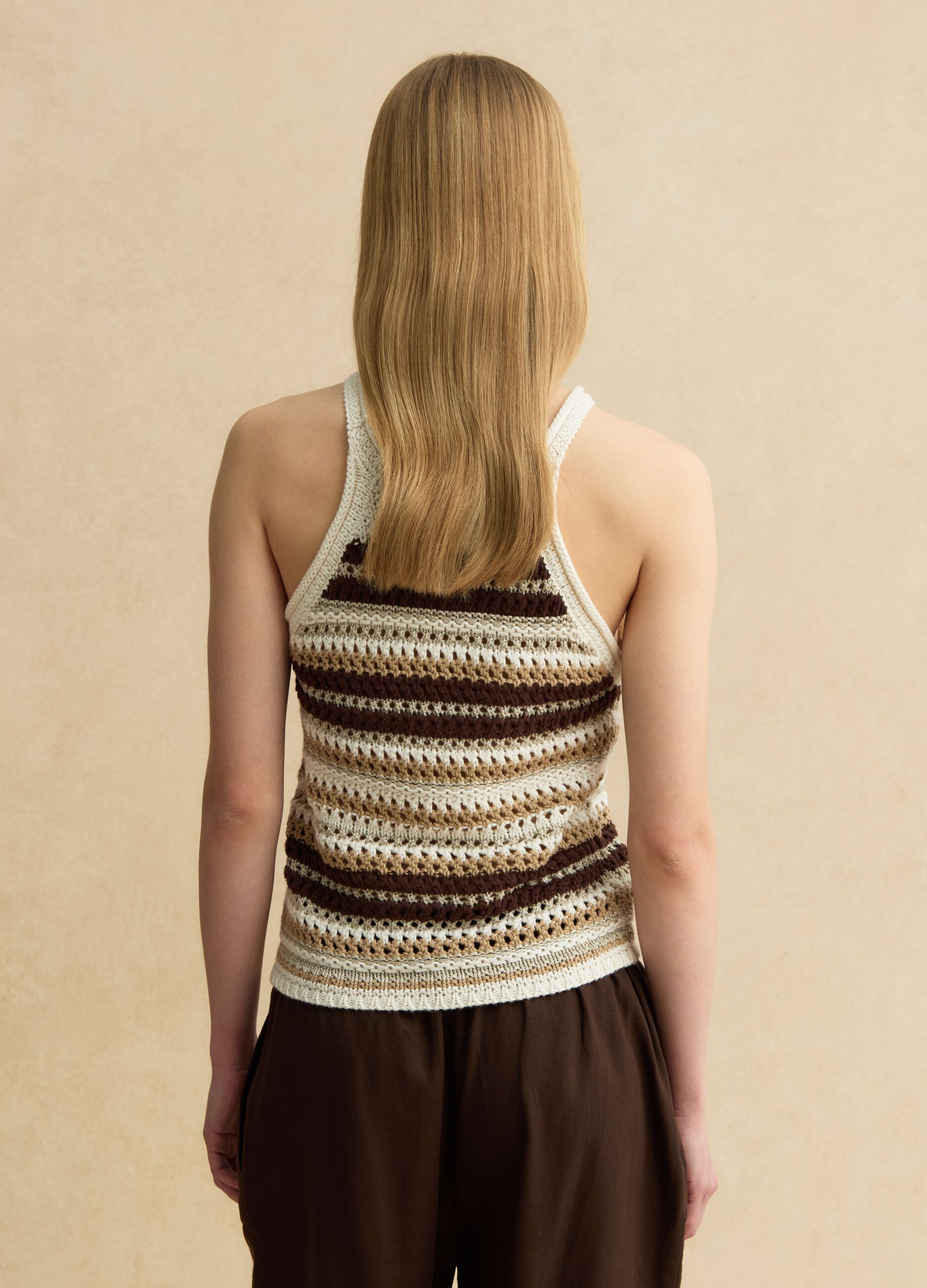 Multicolour striped fitted knitted cotton-blend top