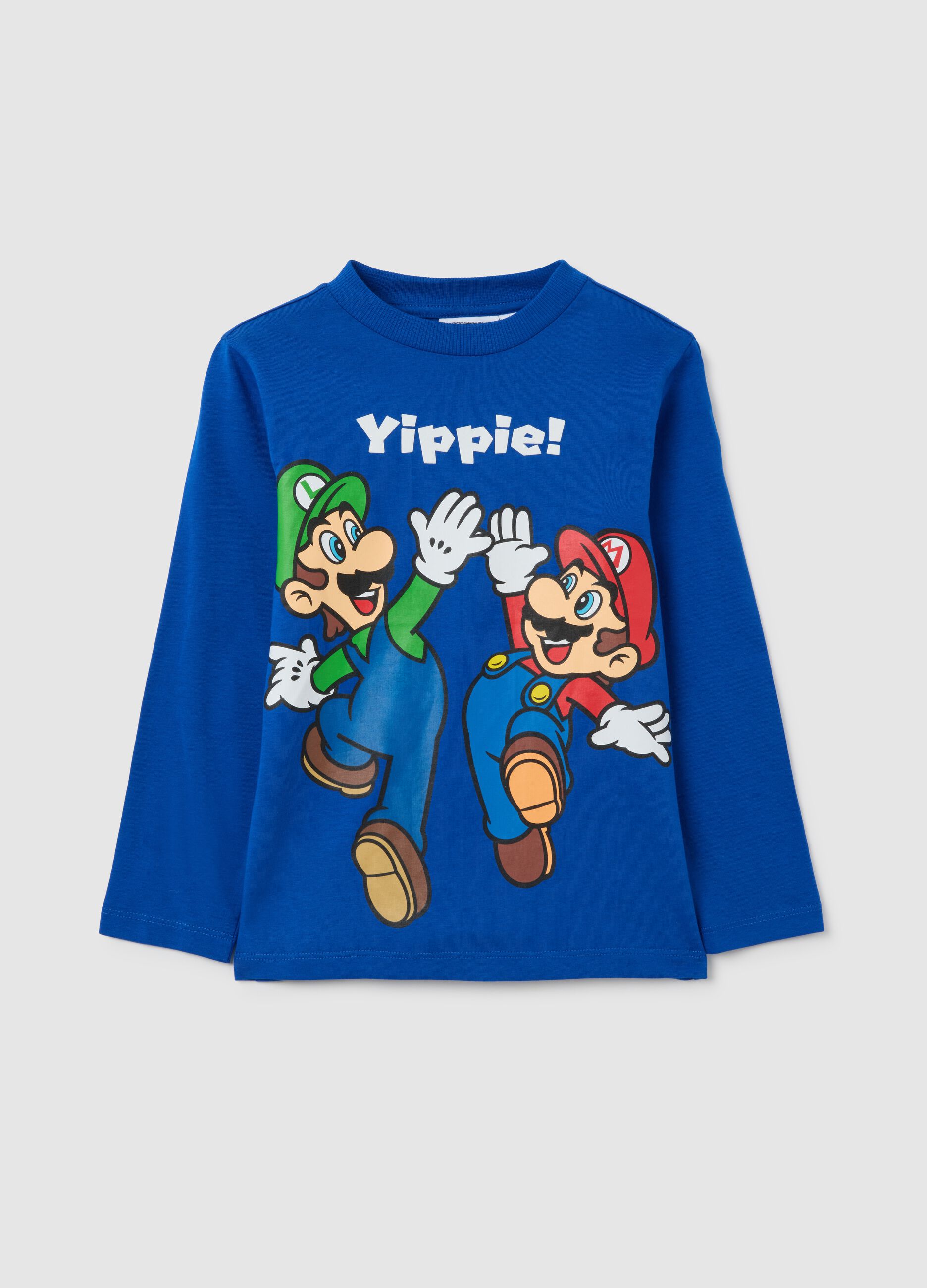 Children's blue pure cotton T-shirt with Super Mario print