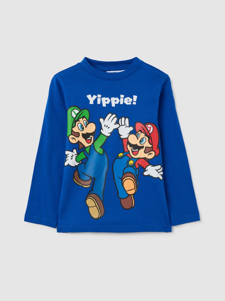 Children's blue pure cotton T-shirt with Super Mario print_0